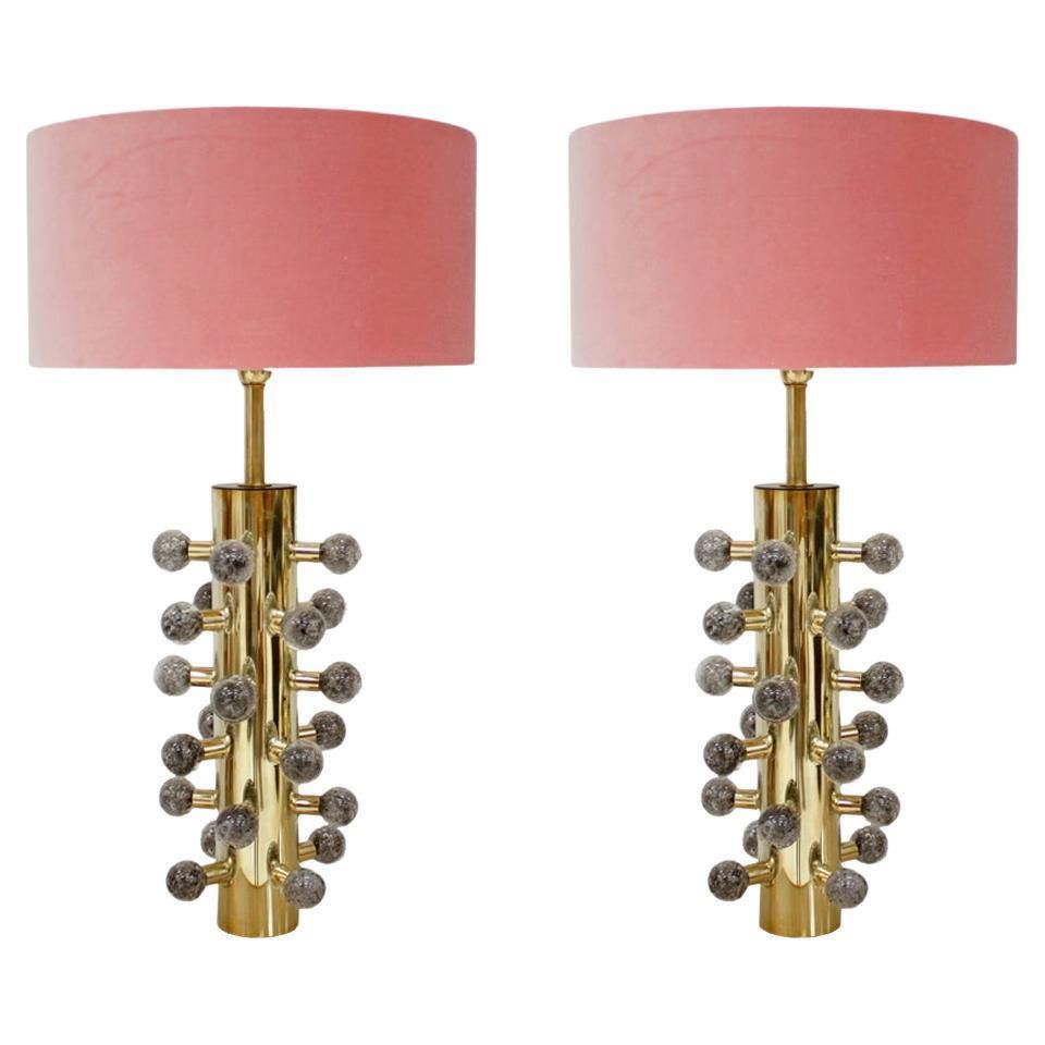 Mid Century Style Grey Murano Glass And Brass Italian Table Lamps