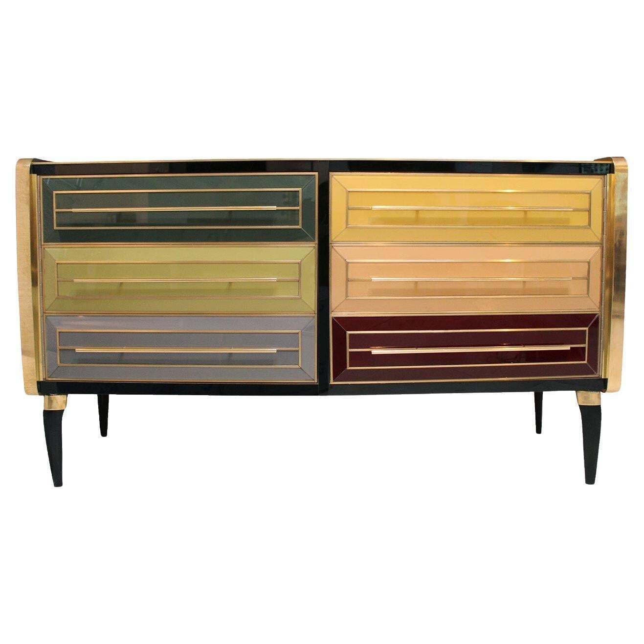 Mid Century Solid Wood And Colored Glass Bar Furniture, Italy 1950's