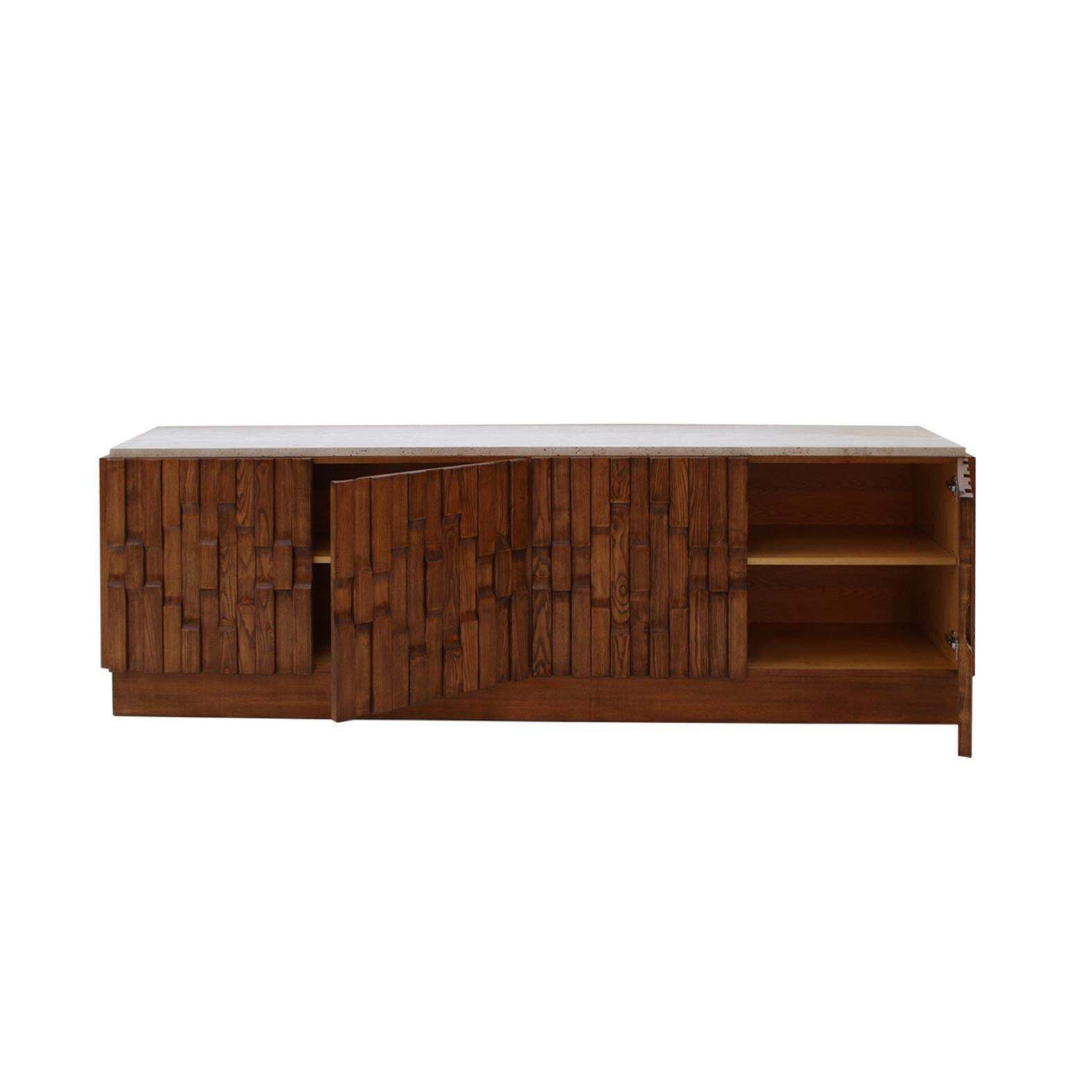 Italian Oak Wood Sideboard With Travertine Marble Top And Hand Carved Patterns photo 9607.0
