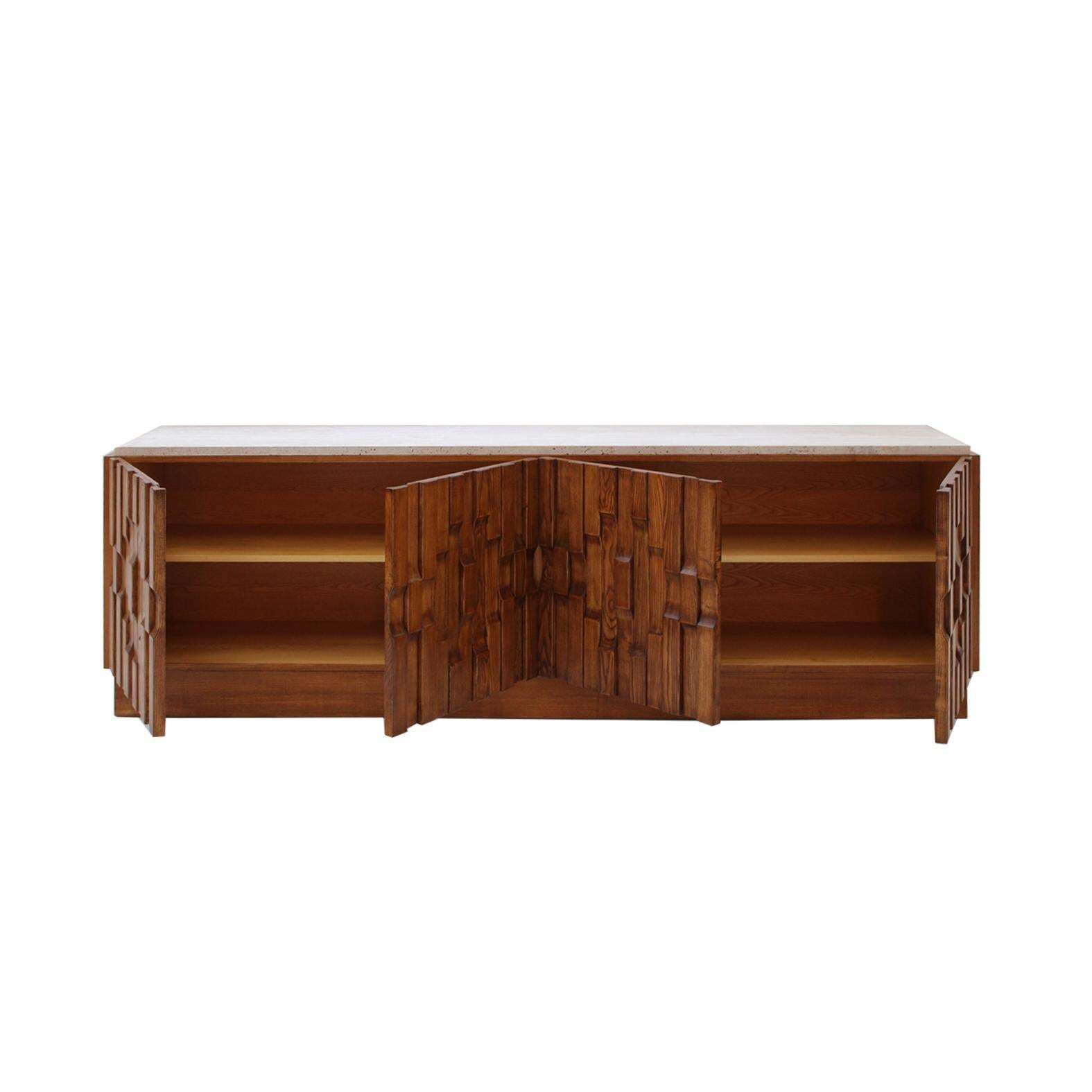 Italian Oak Wood Sideboard With Travertine Marble Top And Hand Carved Patterns photo vinterior