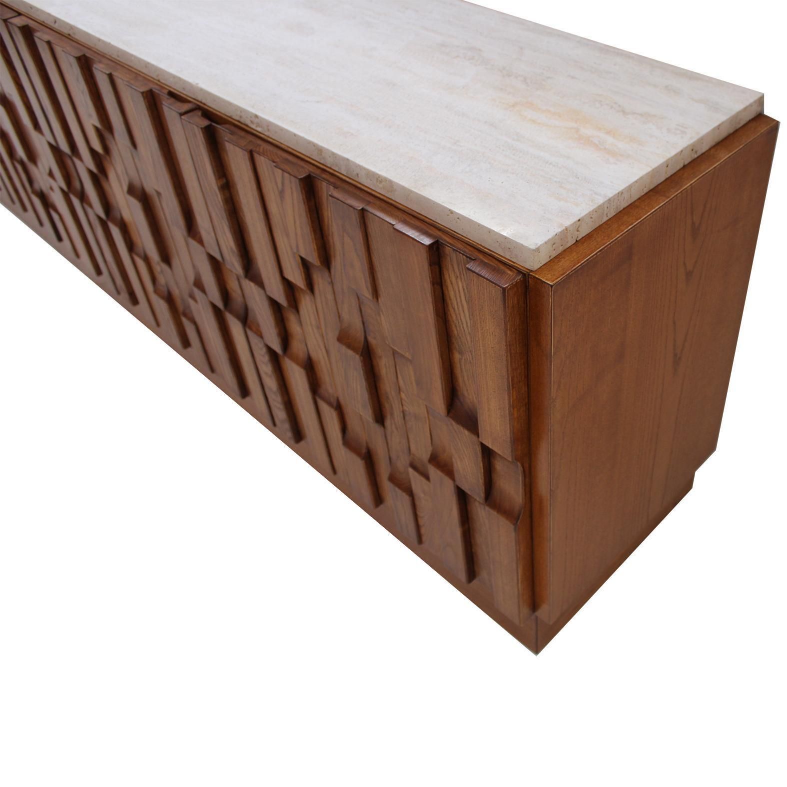 Italian Oak Wood Sideboard With Travertine Marble Top And Hand Carved Patterns photo vintage