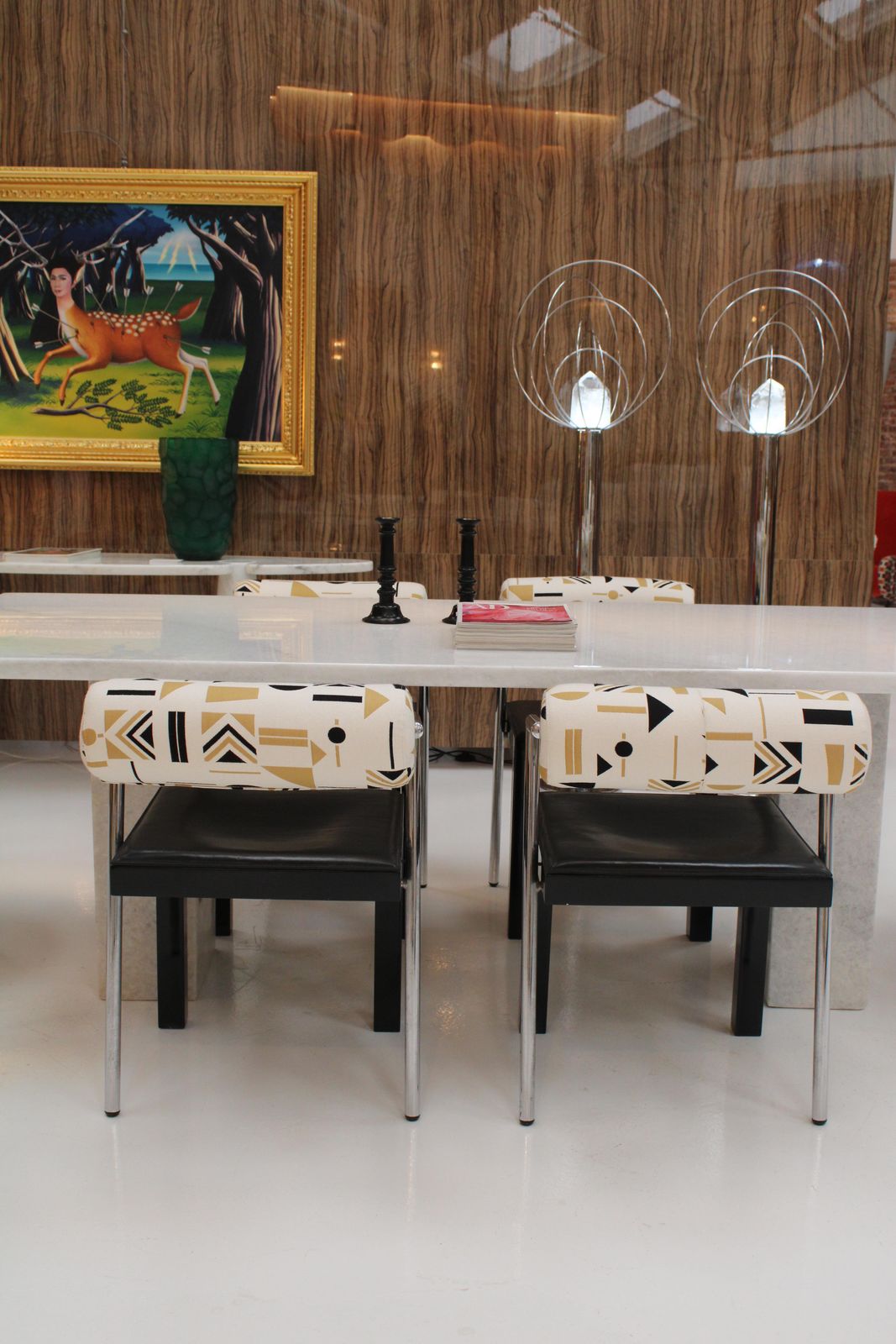 photo for sale Set Of Four Italian Chairs Edited By Saporiti. Jacquard Back And Leather Seat