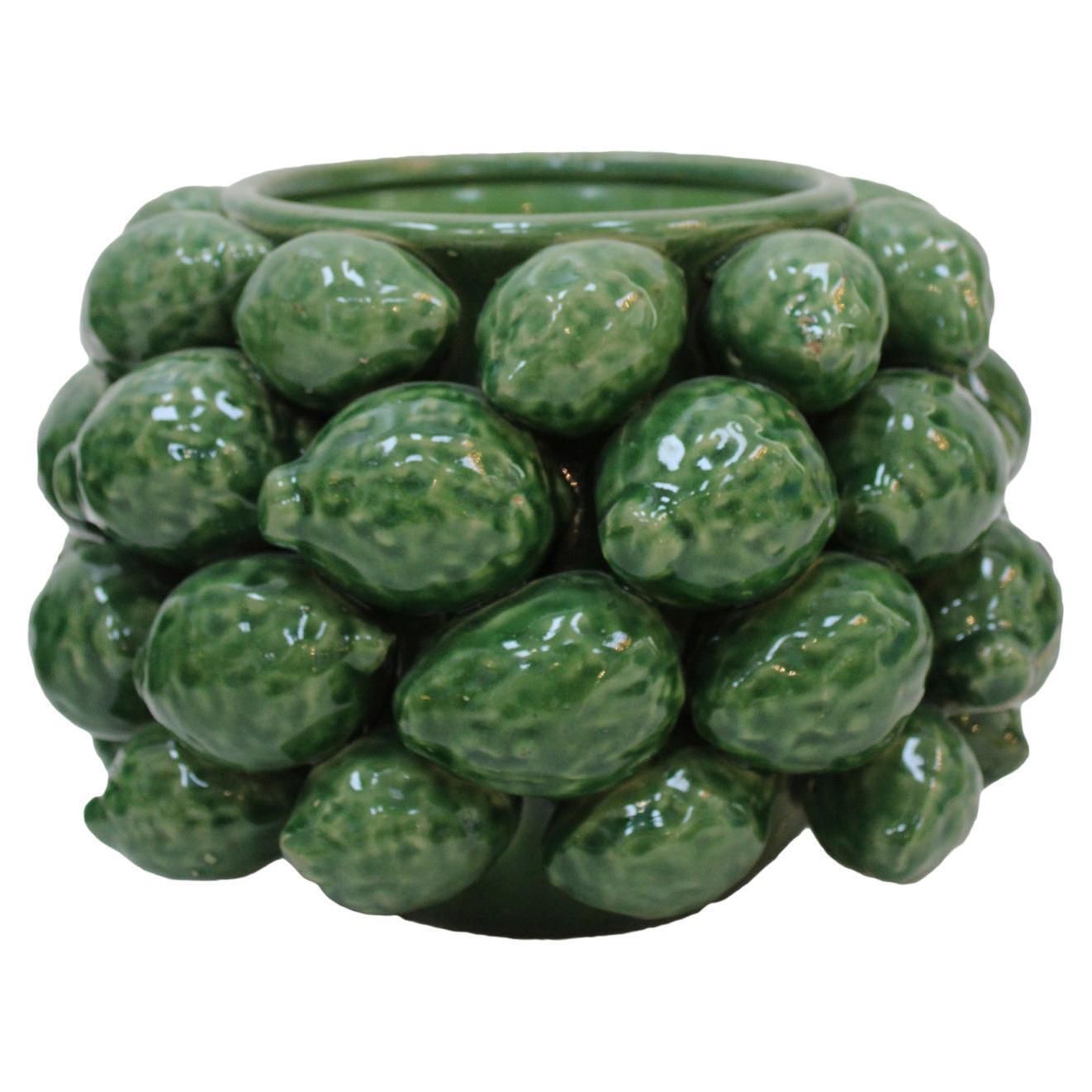 Contemporary Italian Green Ceramic Vase With Fruit Motifs