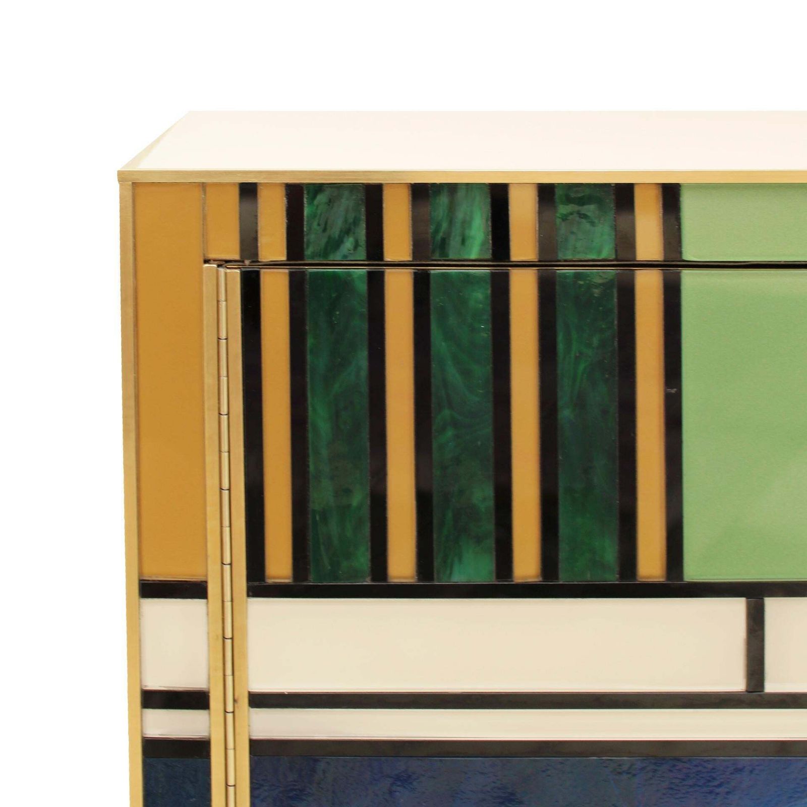 Midcentury Style Wood Colored Glass And Brass Pair Of Italian Sideboards photo vinterior