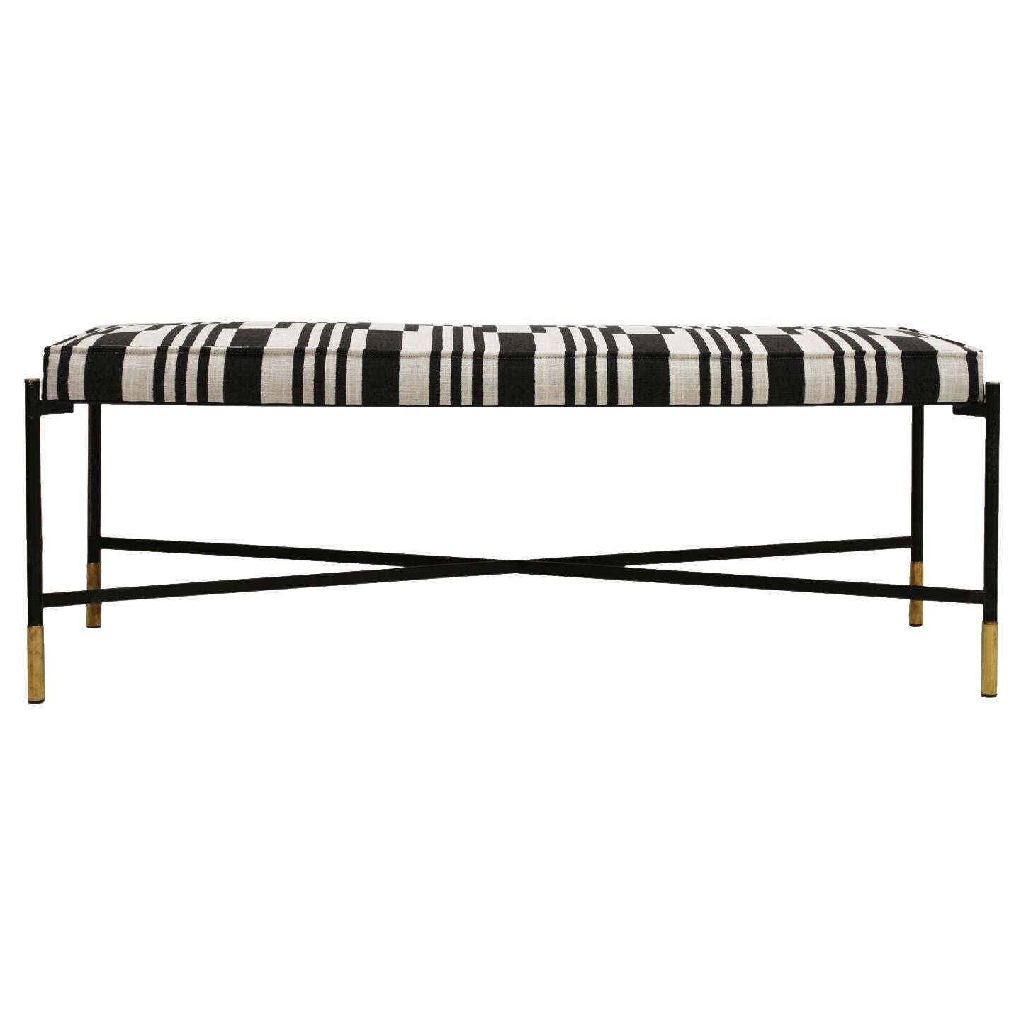 Modern Black Lacquered Iron And Patterned Fabric, 1970s Italian Stool
