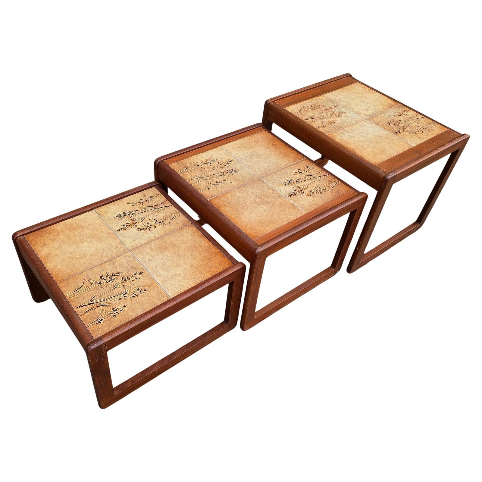 Set Of 3 French Mid Century Nesting Tables With Ceramic Tile Tops, 1960s