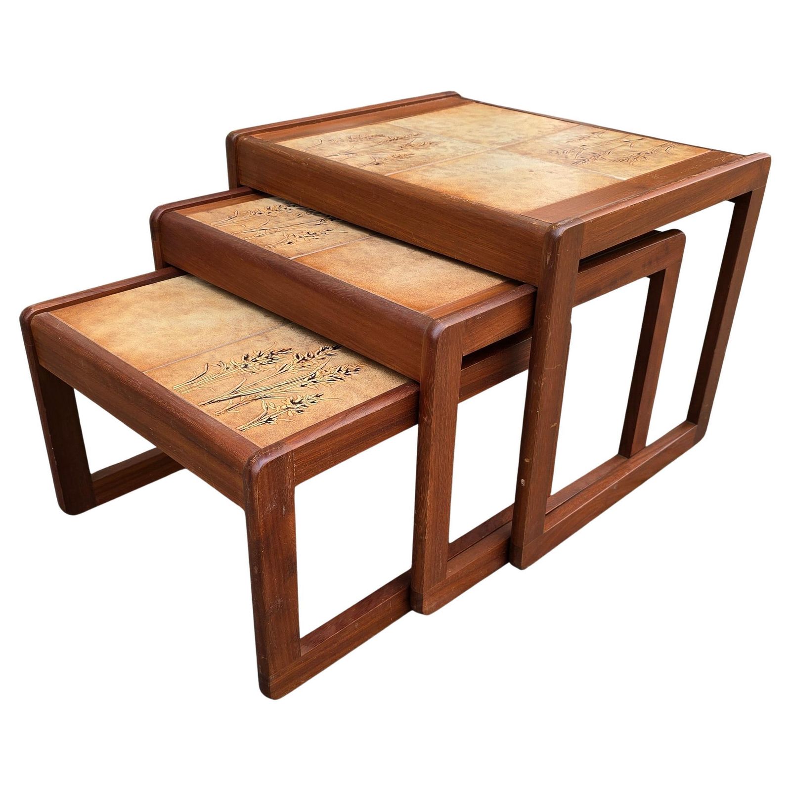 Set Of 3 French Mid Century Nesting Tables With Ceramic Tile Tops, 1960s photo vinterior