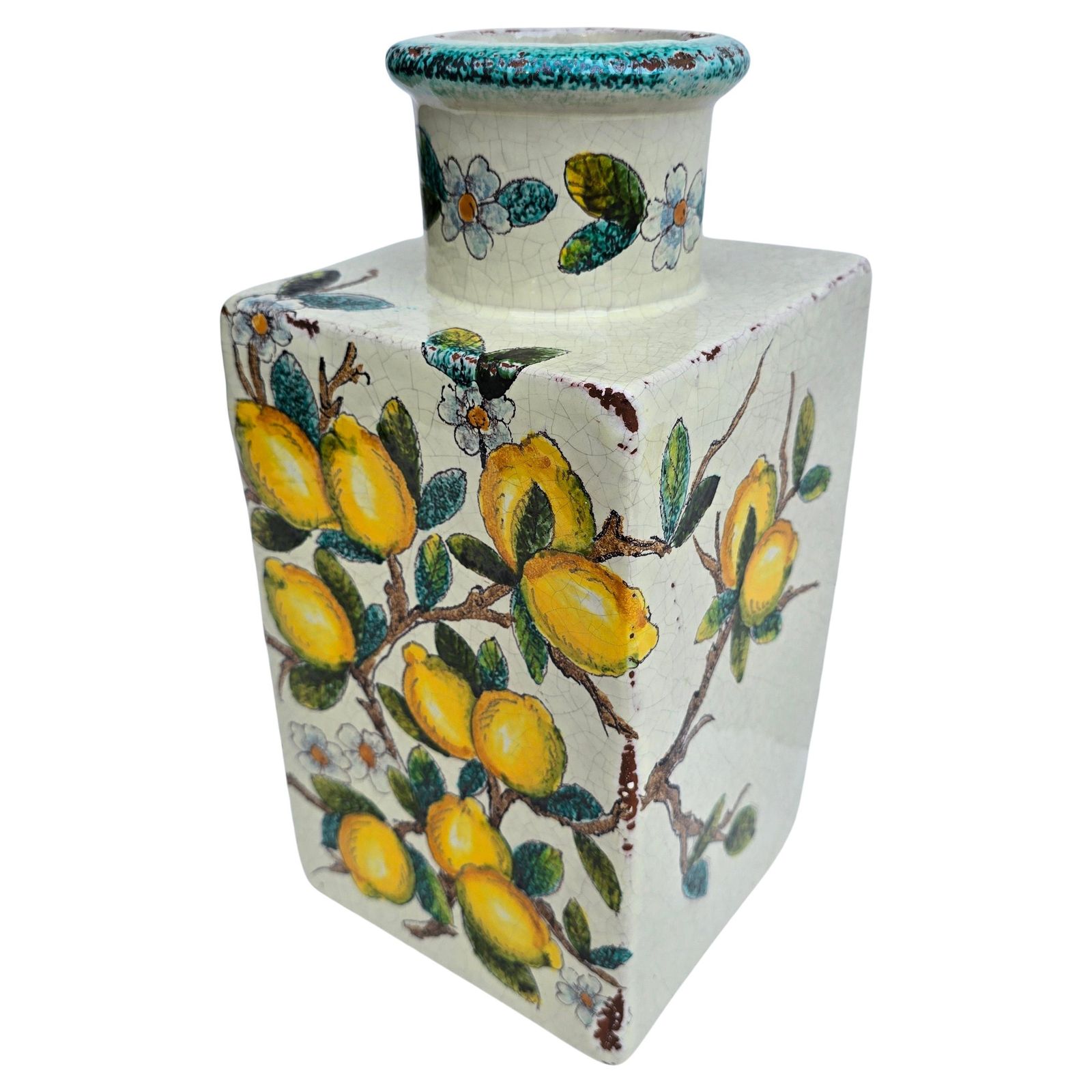 Hand Painted Italian Terracotta Vase With Lemons And Blossoms