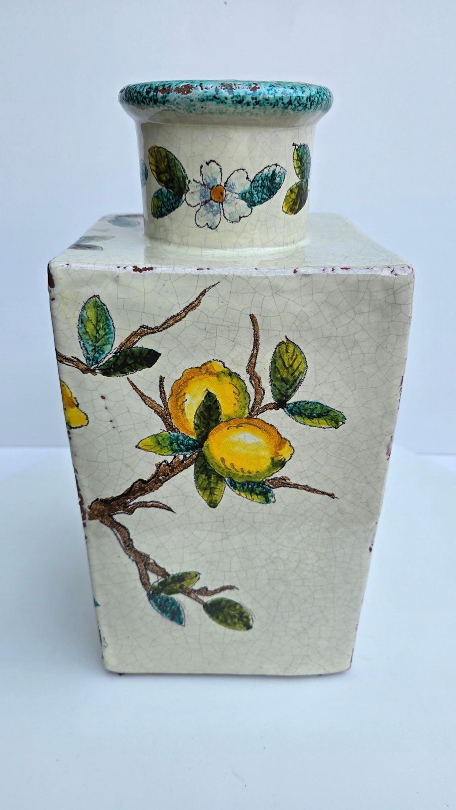 Hand Painted Italian Terracotta Vase With Lemons And Blossoms photo vintage
