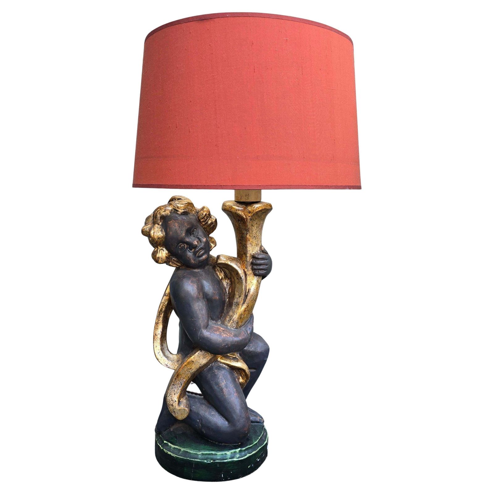 Pair Of Italian Hand Carved Cherub Lamps In Gilded Wood, Circa 1940 photo for sale