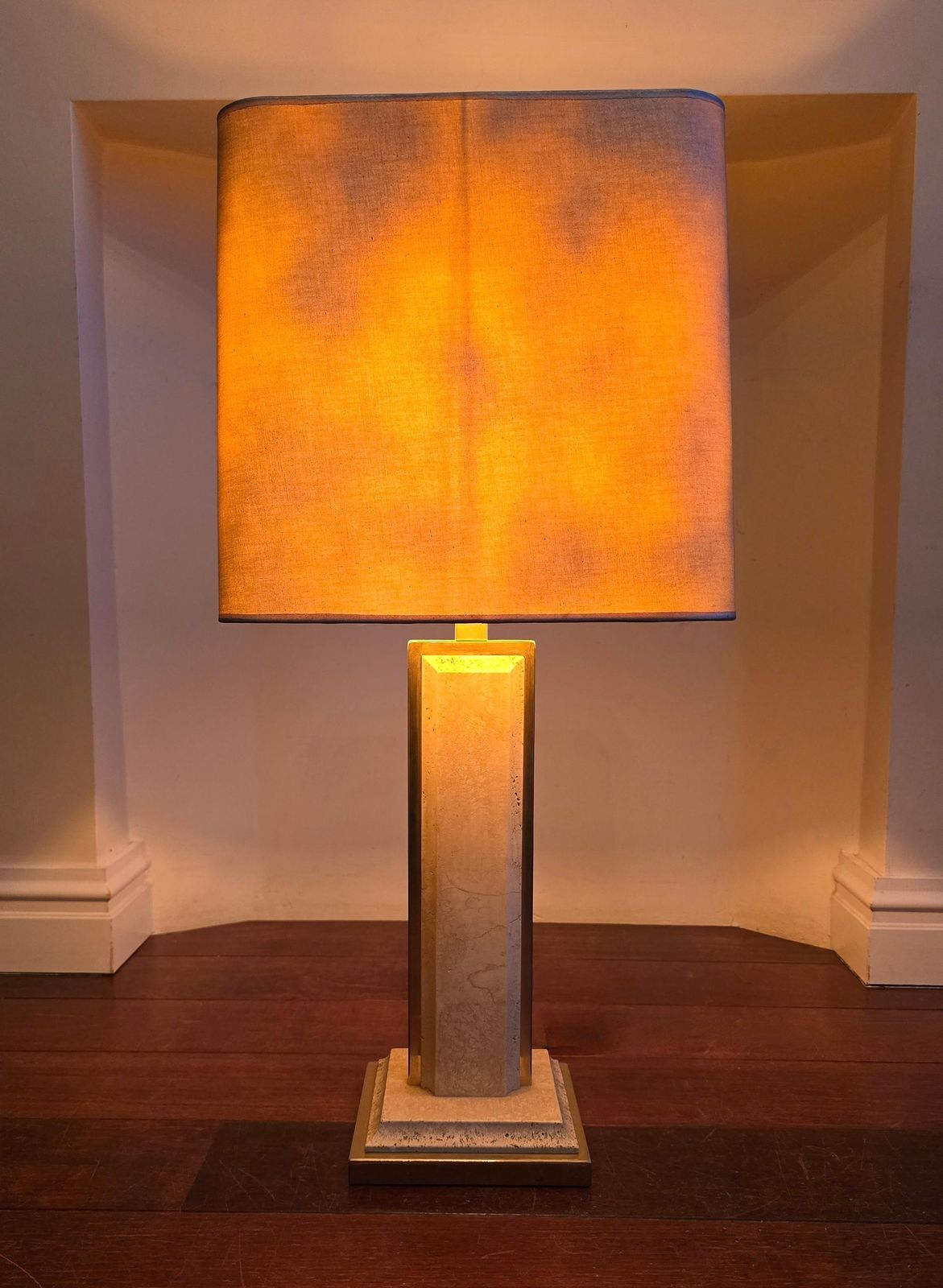 Pair Of Travertine And Brass Lamps With Square Shades – Italy, Circa 1970 photo for sale