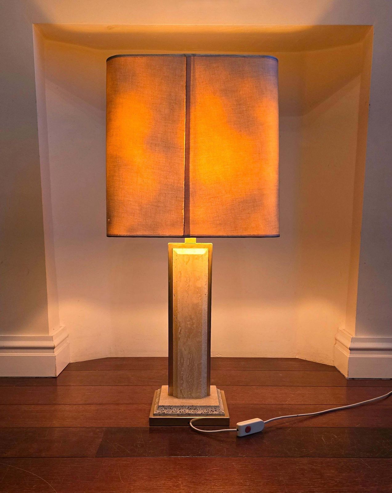 Pair Of Travertine And Brass Lamps With Square Shades – Italy, Circa 1970 photo vintage