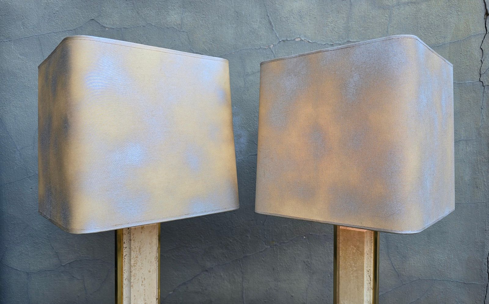 2402.0 Pair Of Travertine And Brass Lamps With Square Shades – Italy, Circa 1970 photo