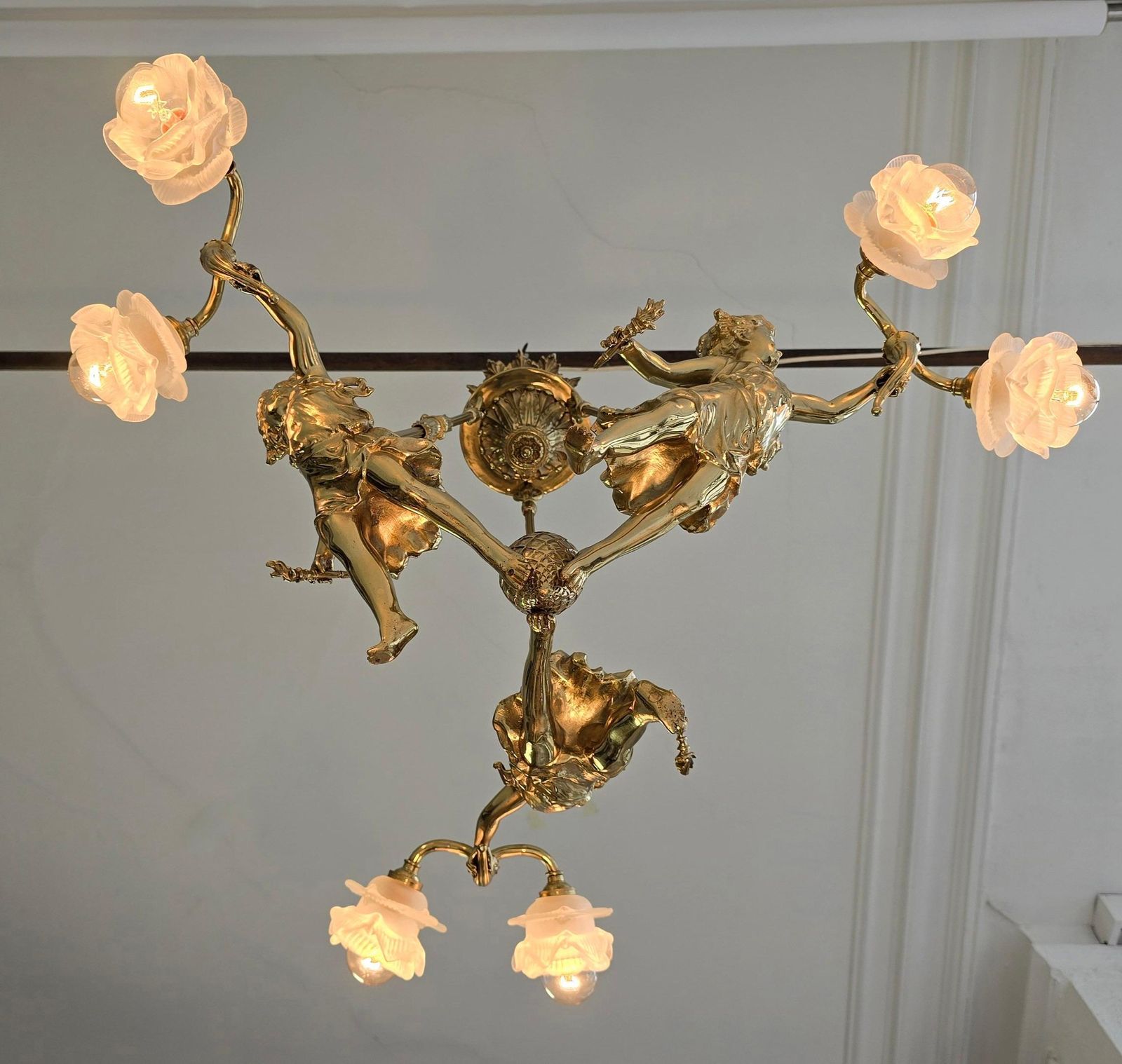 Exquisite French Gilt Bronze Chandelier With Cherubs Putti photo buy