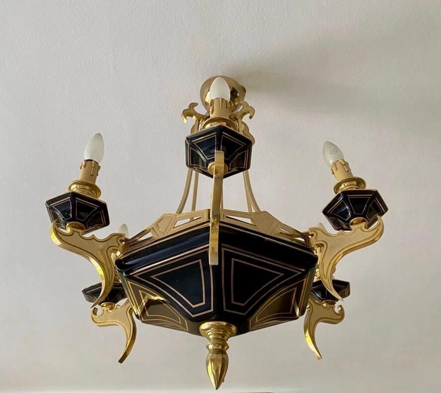 Two Italian Brass And Porcelain Chandeliers, Circa 1970 1980 photo vinterior