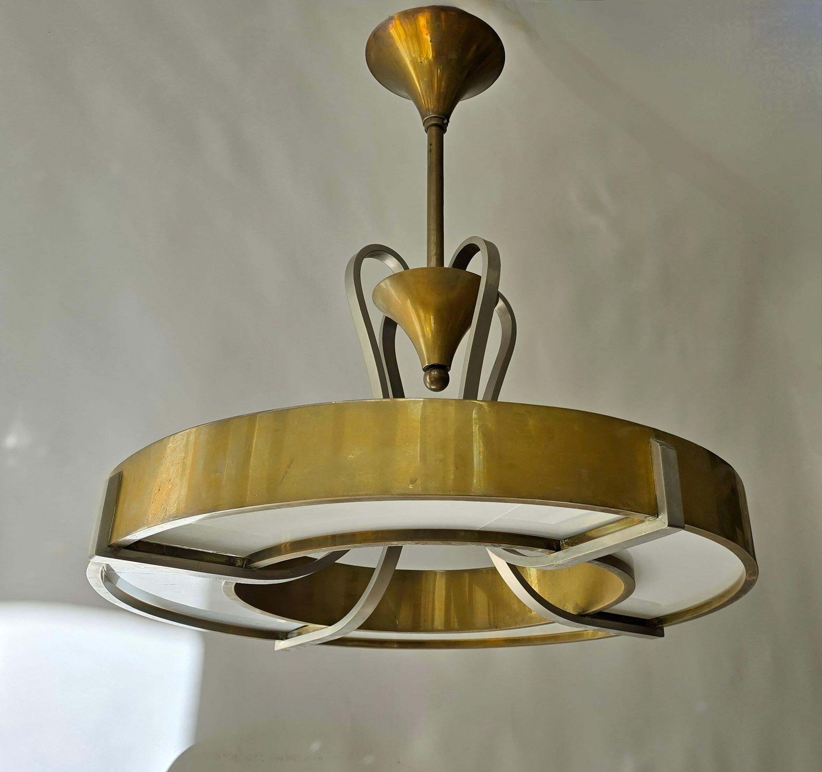 Elegant Art Deco And Bauhaus Brass And Opaline Glass Chandelier photo vinterior