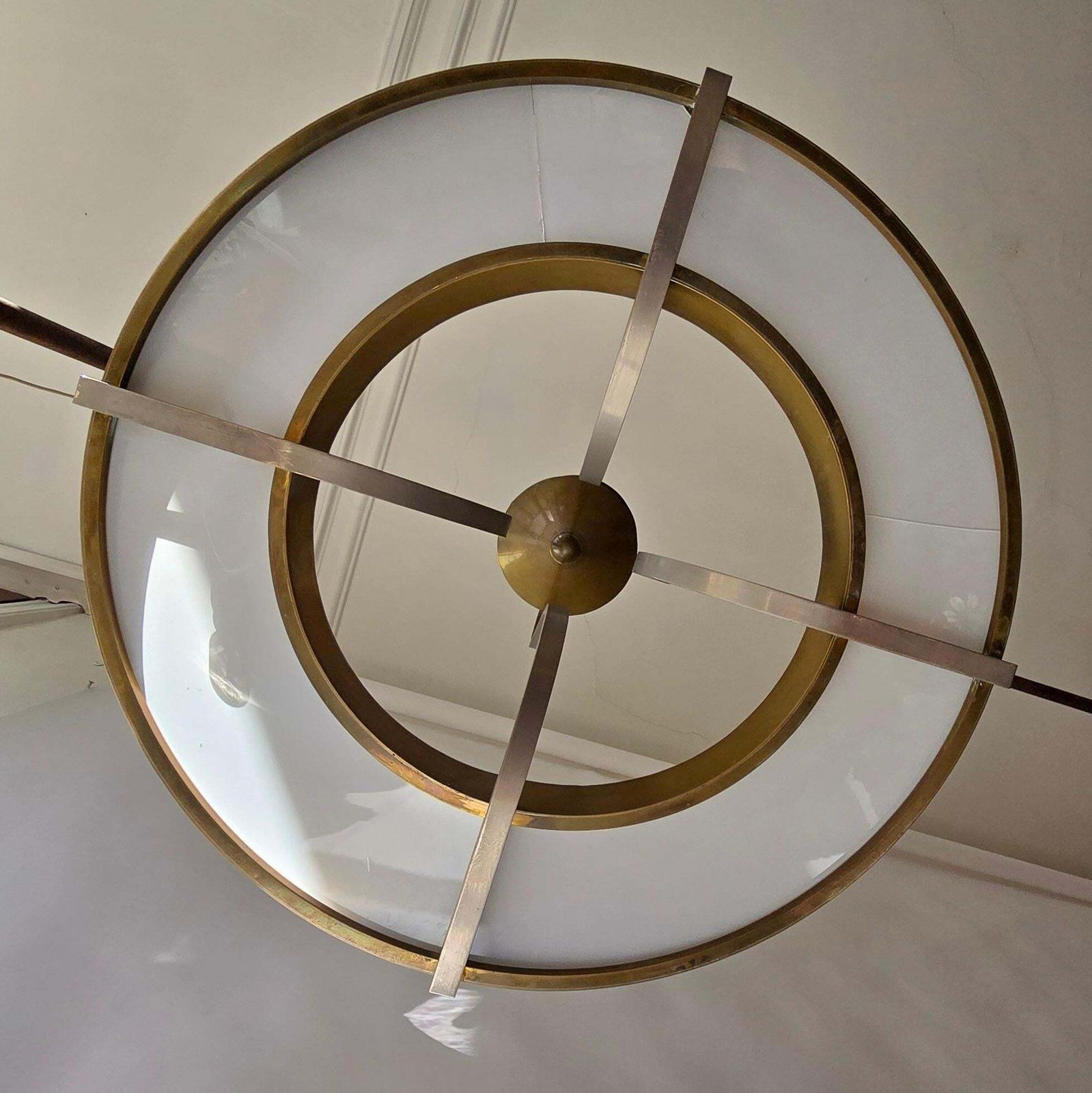 Elegant Art Deco And Bauhaus Brass And Opaline Glass Chandelier photo buy