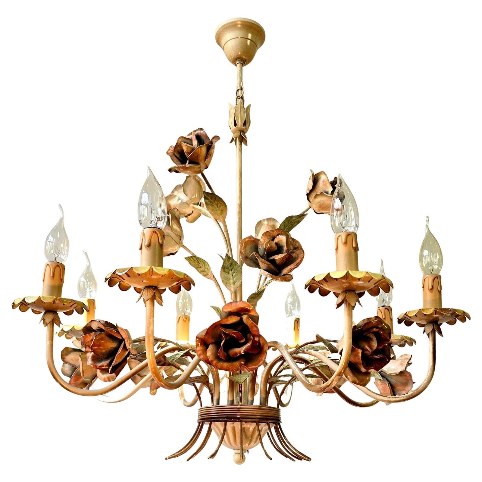 Onelegant Mid Century Italian Toleware Floral Chandelier With Hand Painted Roses