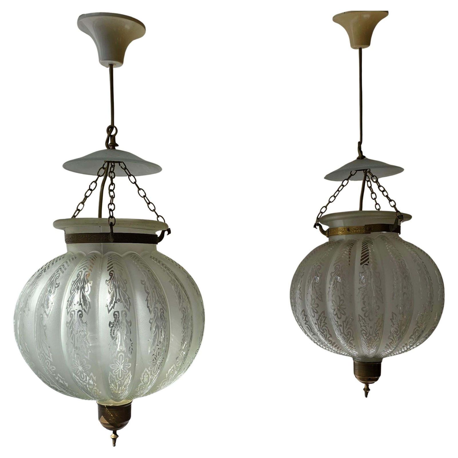 Pair Of Rare Venetian Murano Bell Jar Lanterns With Etched Glass