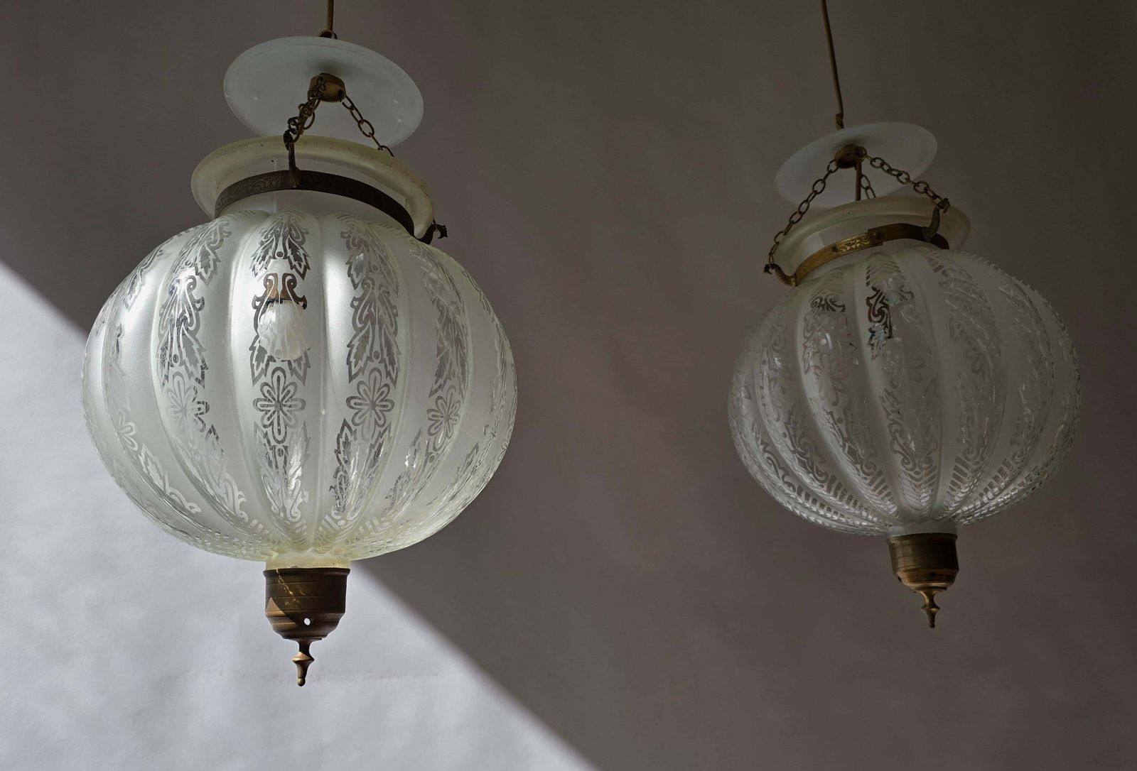 Pair Of Rare Venetian Murano Bell Jar Lanterns With Etched Glass photo Lighting