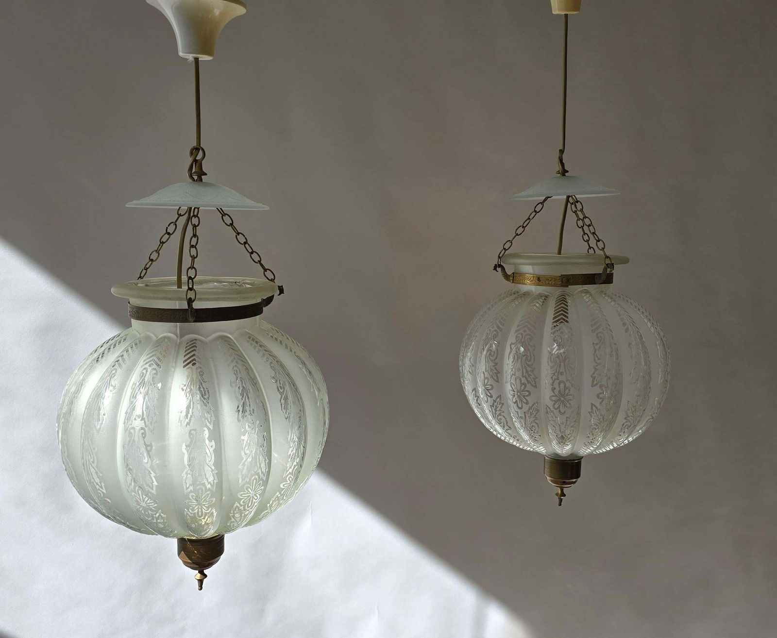Pair Of Rare Venetian Murano Bell Jar Lanterns With Etched Glass photo vintage