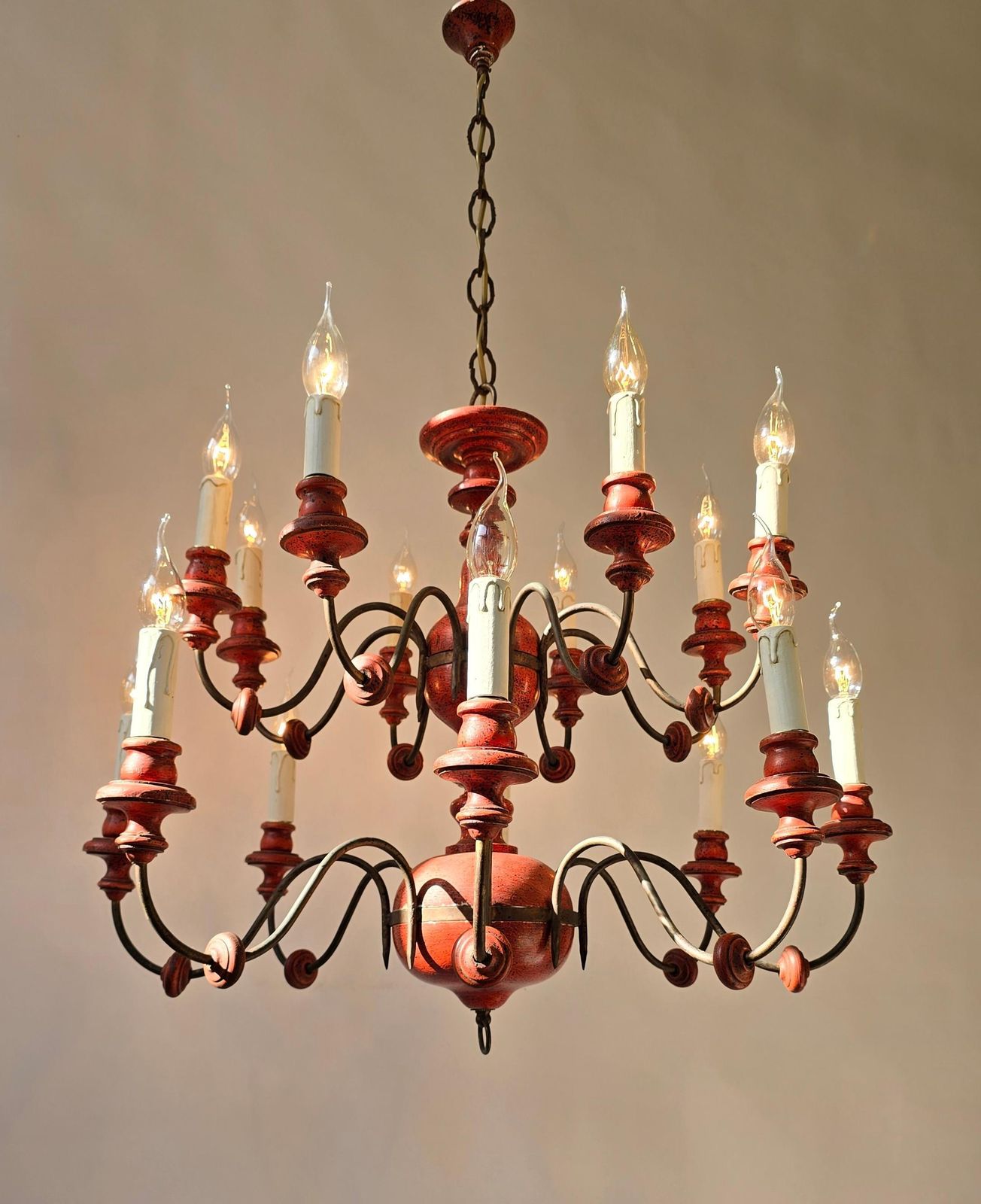 Beautiful Wooden & Iron Chandelier With 16 Arms – Unique Red Finish photo Lighting
