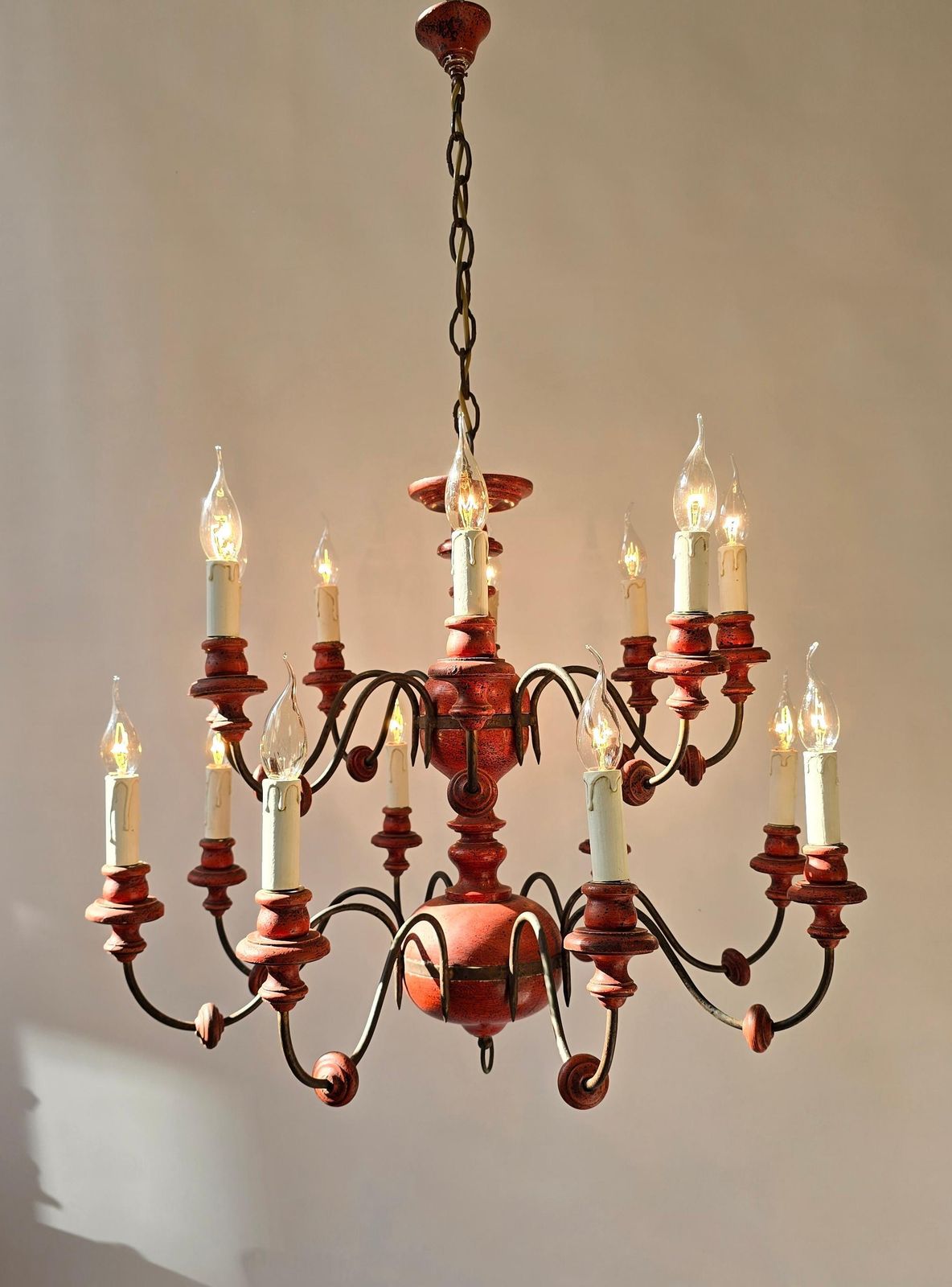 Beautiful Wooden & Iron Chandelier With 16 Arms – Unique Red Finish photo 2839.0