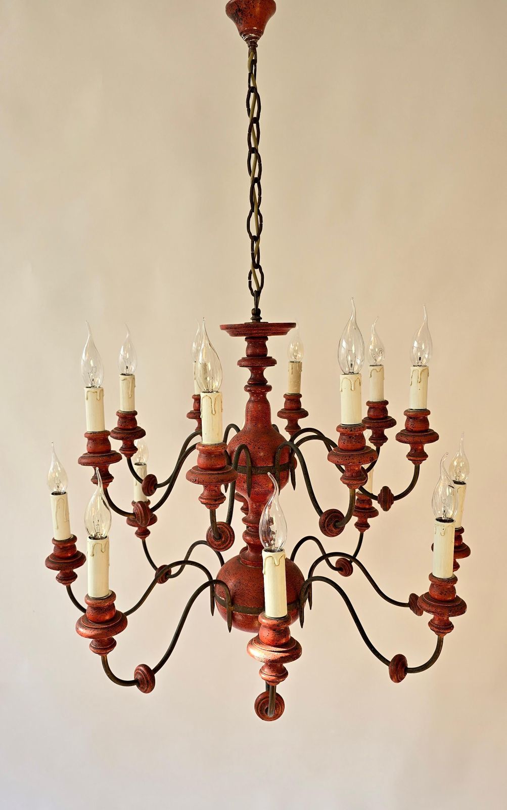 Beautiful Wooden & Iron Chandelier With 16 Arms – Unique Red Finish photo vinterior