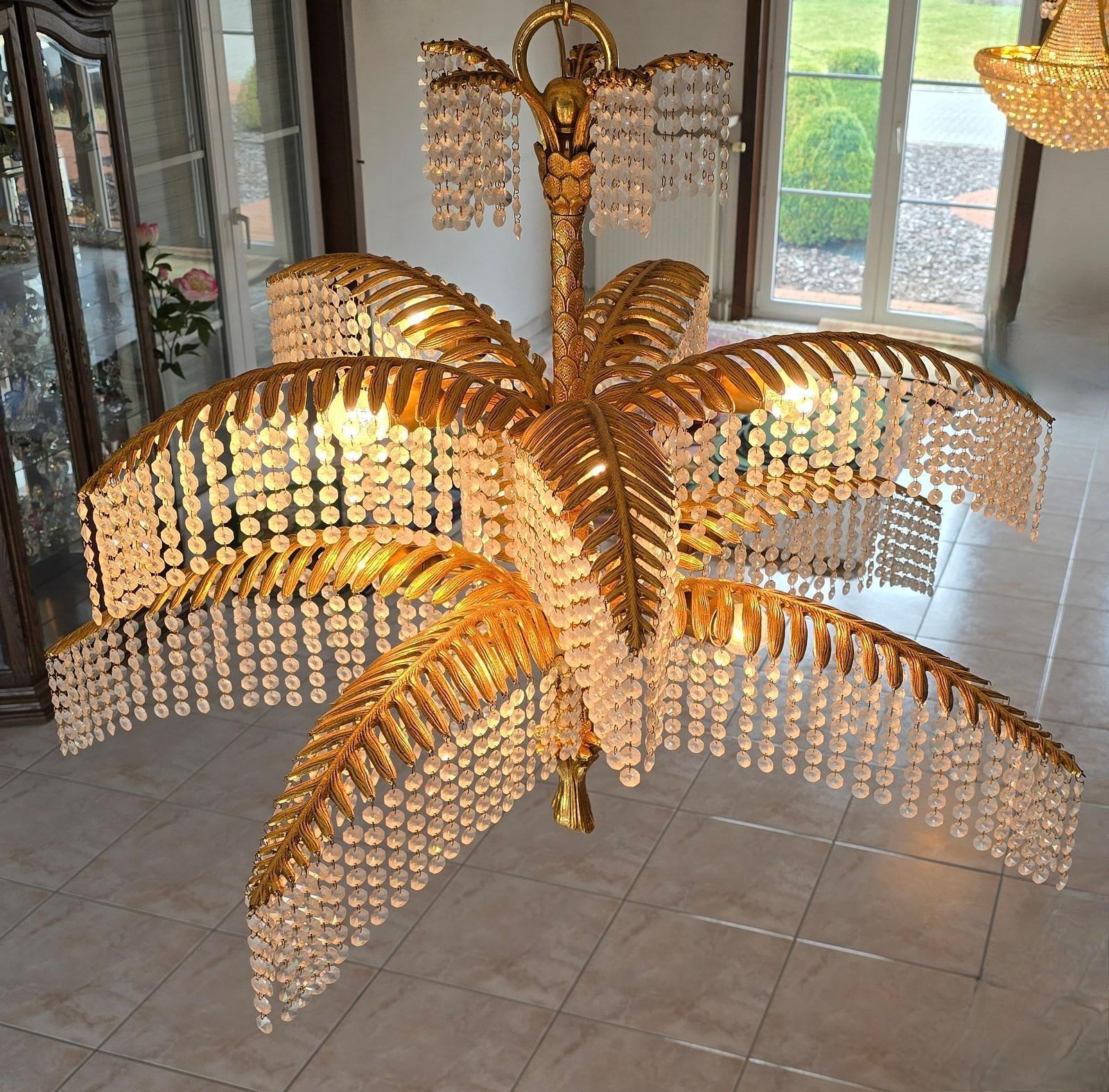 A Hollywood Regency French Palm Tree Gilt Bronze And Crystal Chandelier photo buy