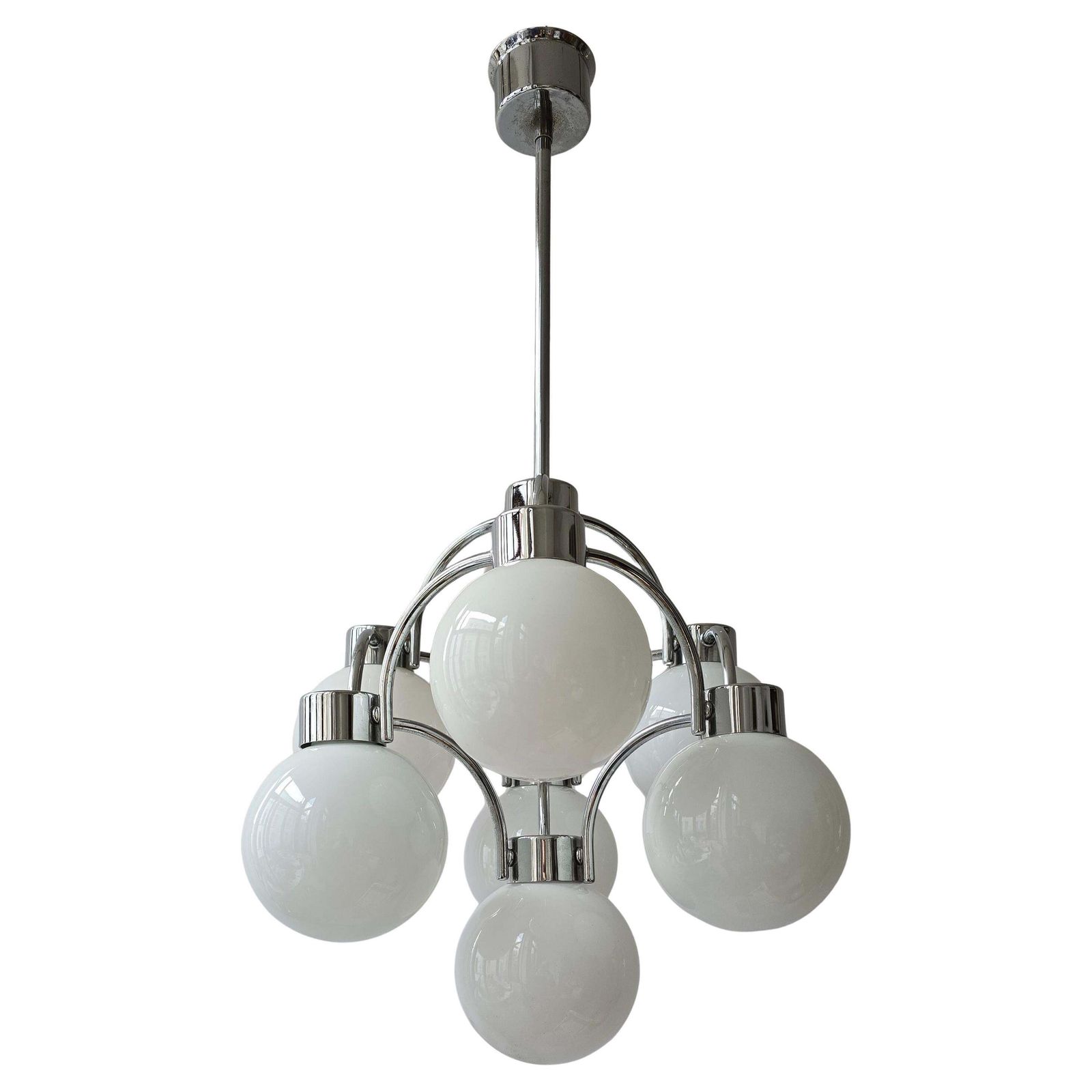 Mid Century Modern Chandelier In Chrome & Milk Glass photo for sale