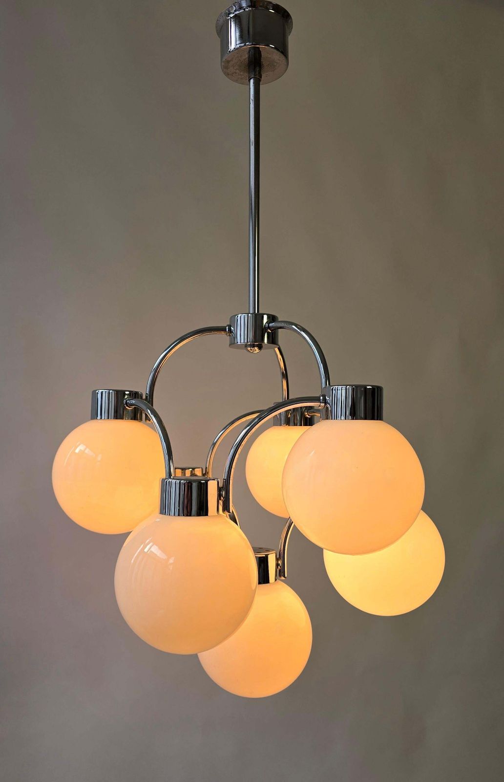 Mid Century Modern Chandelier In Chrome & Milk Glass photo 1673.0