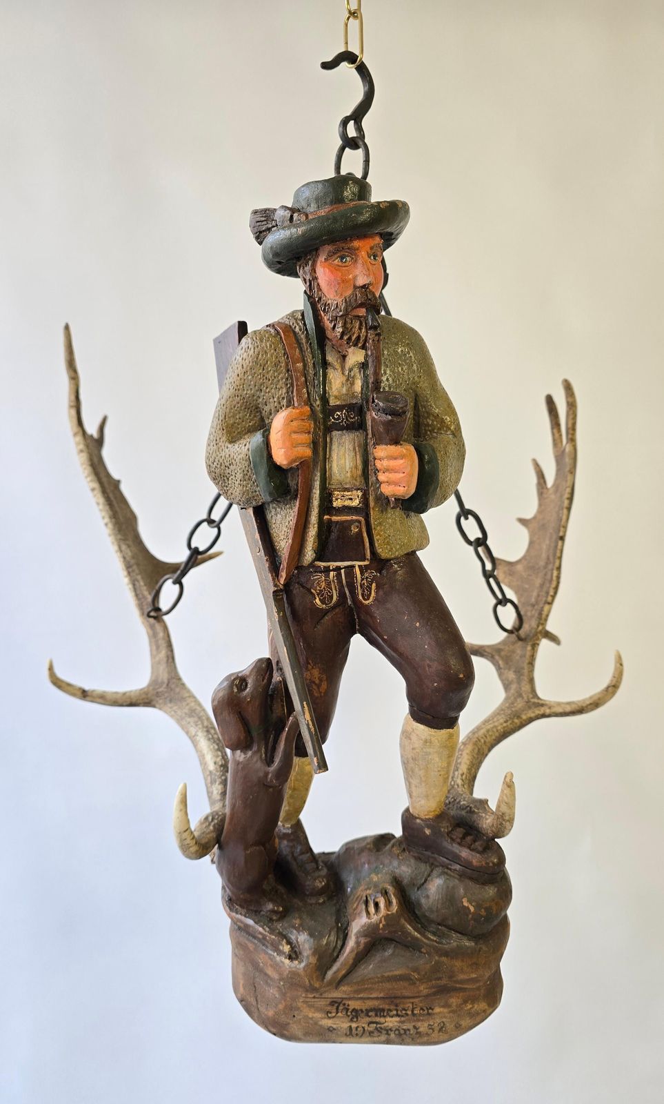 Antique Black Forest Wood Carving  Hunter Sculpture 1952 photo furniture