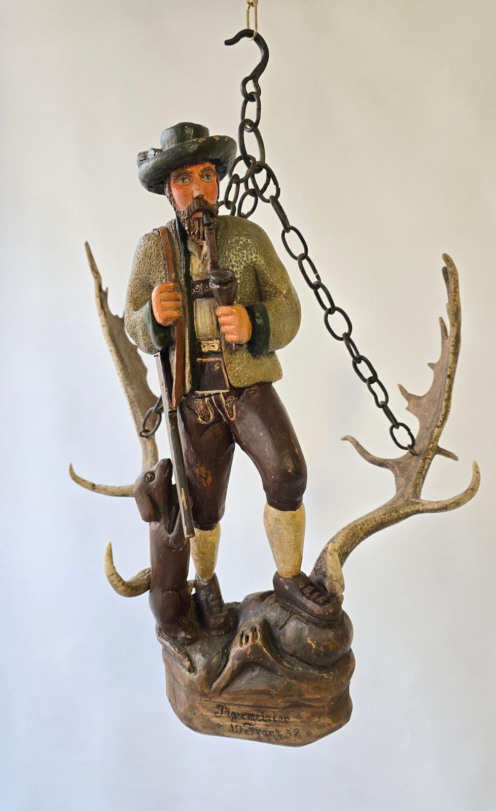 Antique Black Forest Wood Carving  Hunter Sculpture 1952 photo Art