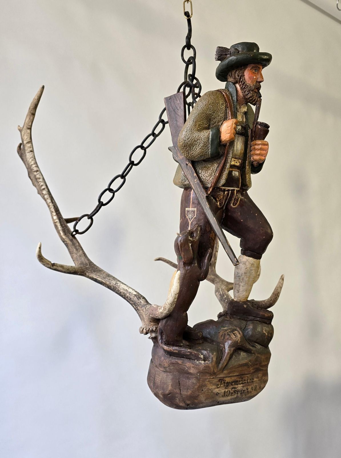 Antique Black Forest Wood Carving  Hunter Sculpture 1952 photo vintage
