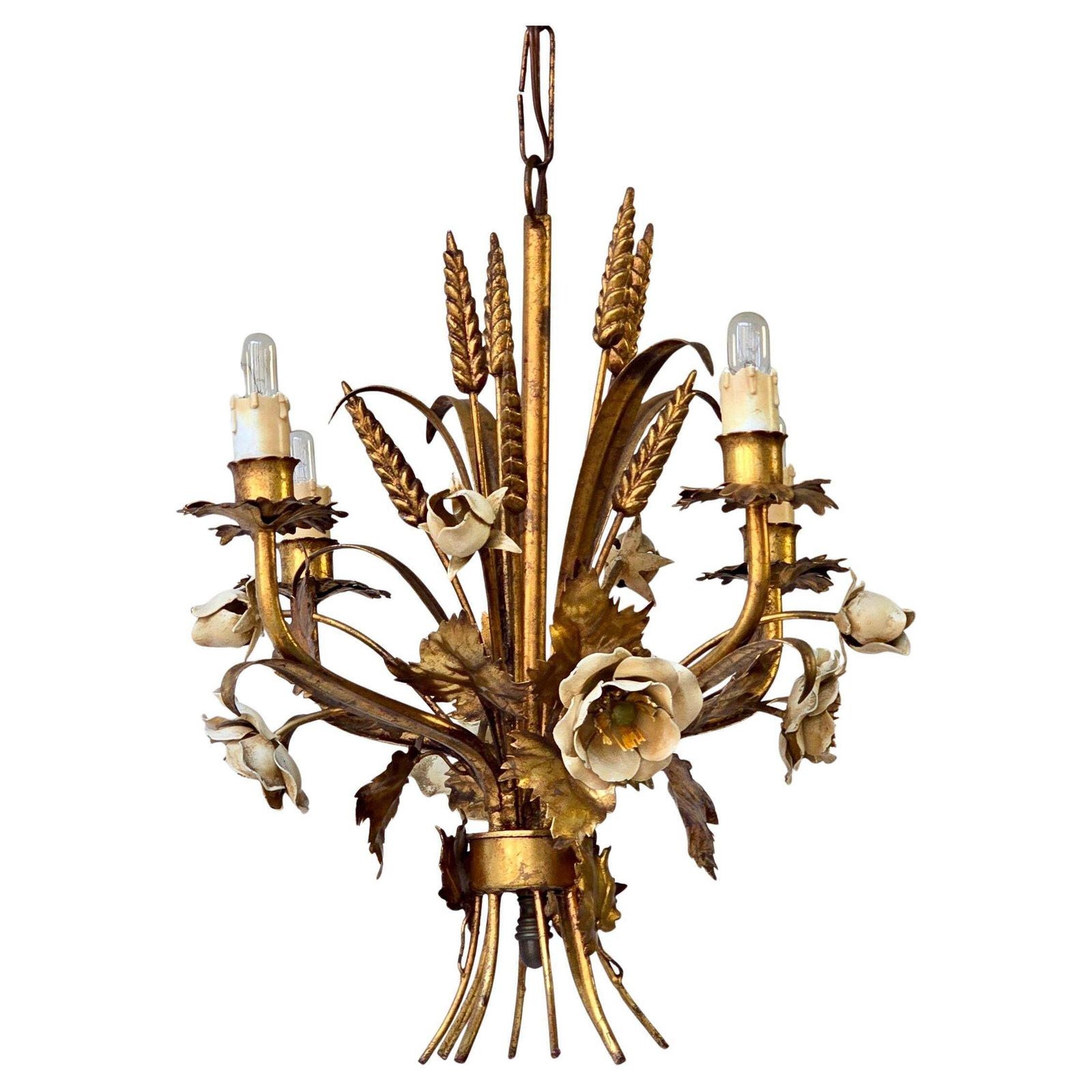 Chandelier In Brass With Painted White Roses