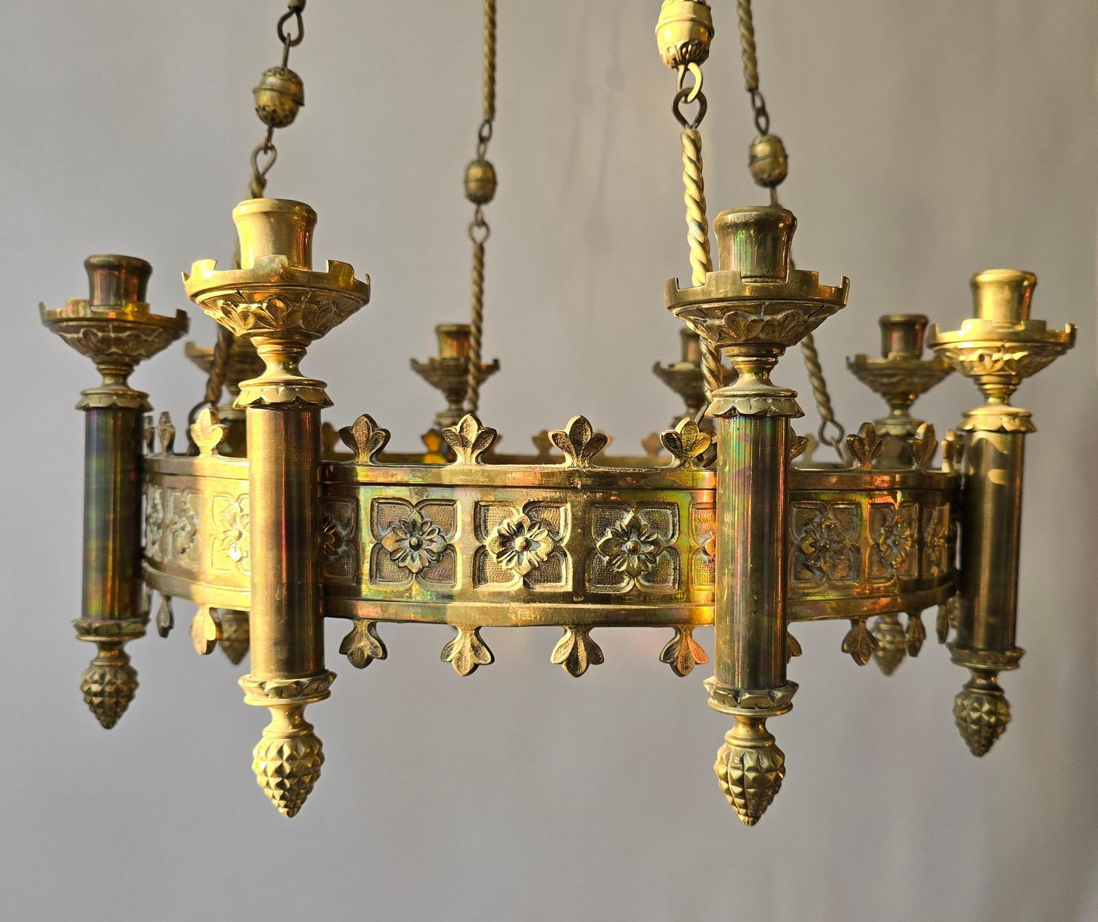 Gothic Revival Brass Church Sanctuary Lamp Candle Chandelier photo vintage