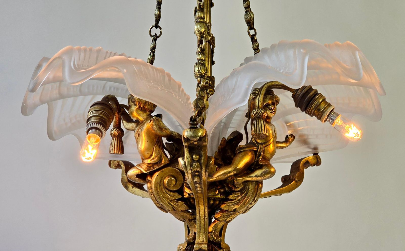 French Cherub And White Frosted Glass Chandelier photo for sale