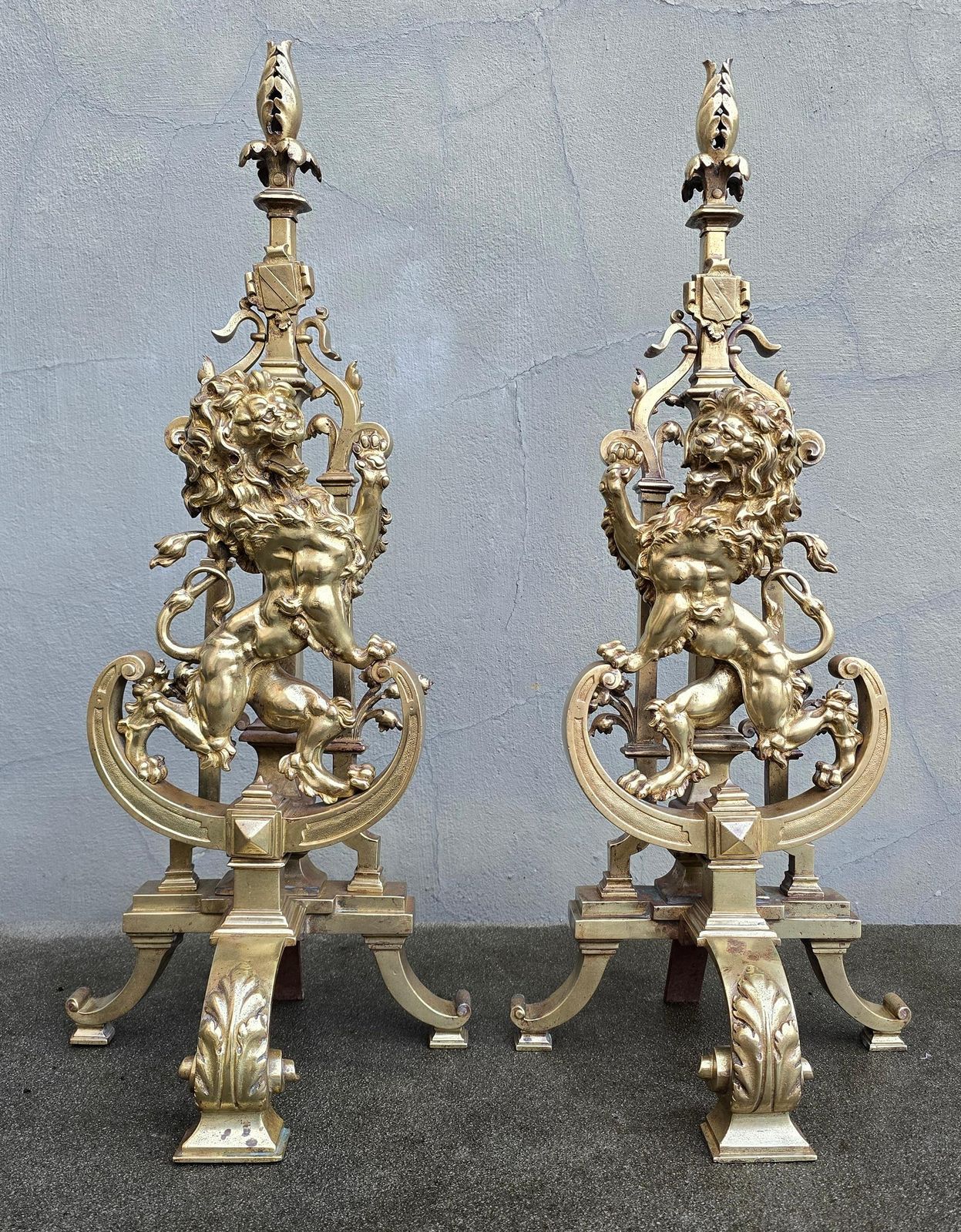 Antique Bronze Fireplace Set With Majestic Lion Chenets Andirons photo furniture
