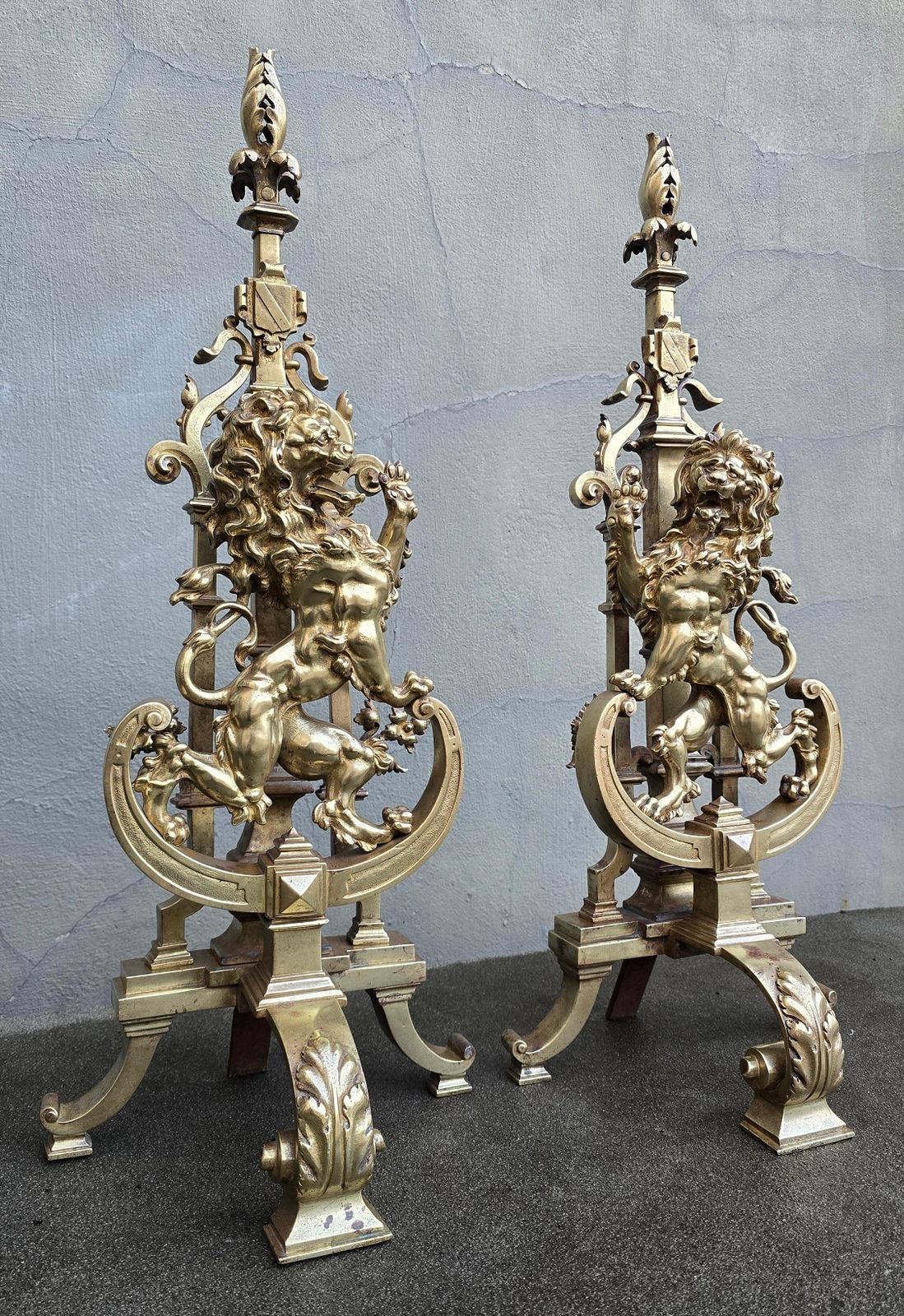 Antique Bronze Fireplace Set With Majestic Lion Chenets Andirons photo for sale