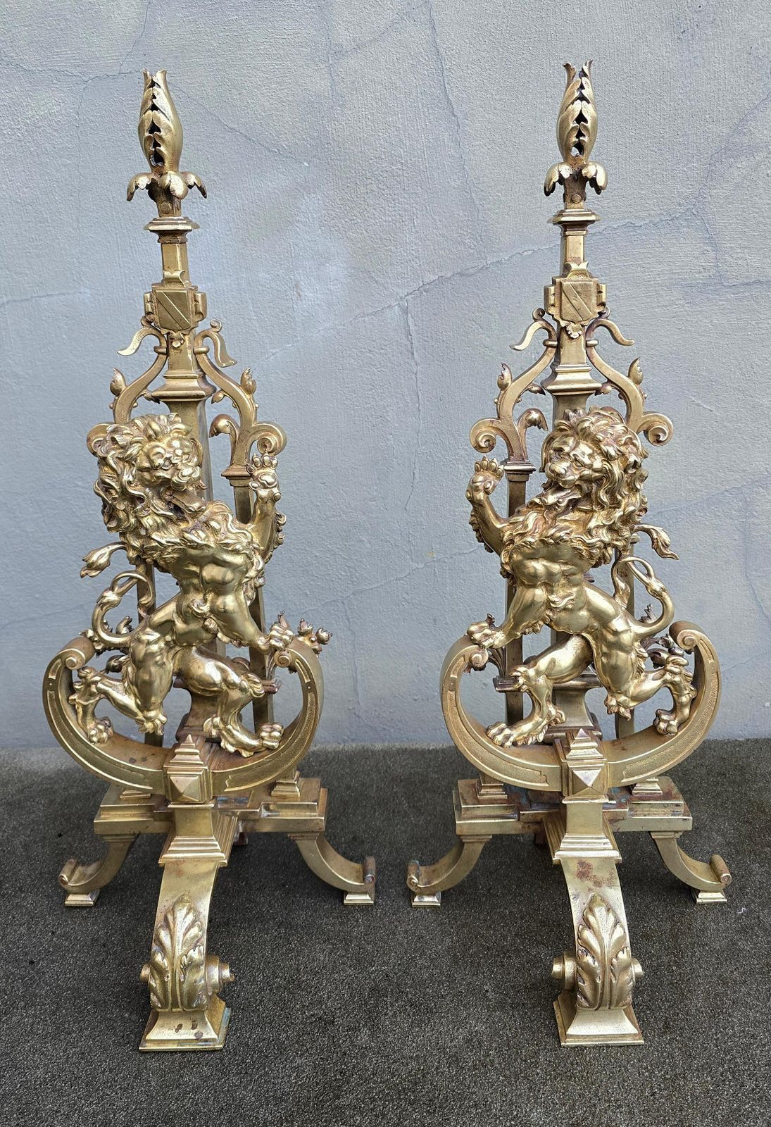Antique Bronze Fireplace Set With Majestic Lion Chenets Andirons photo vinterior