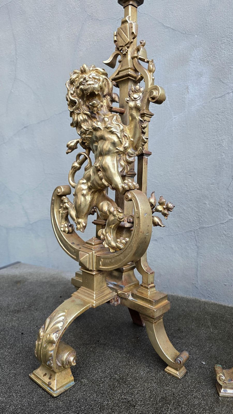 14581.0 Antique Bronze Fireplace Set With Majestic Lion Chenets Andirons photo