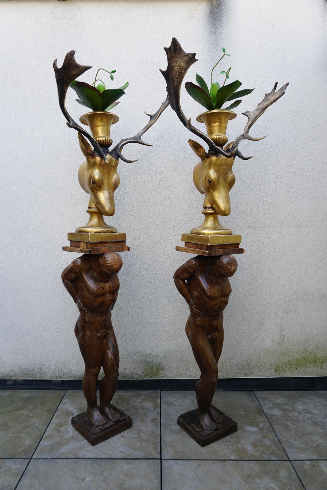Beautiful Pair Of Golden Deer Heads With Antlers And Flower Pots photo for sale