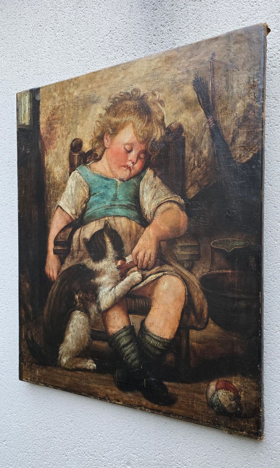 19th Century Oil Painting – Child With Cat photo for sale