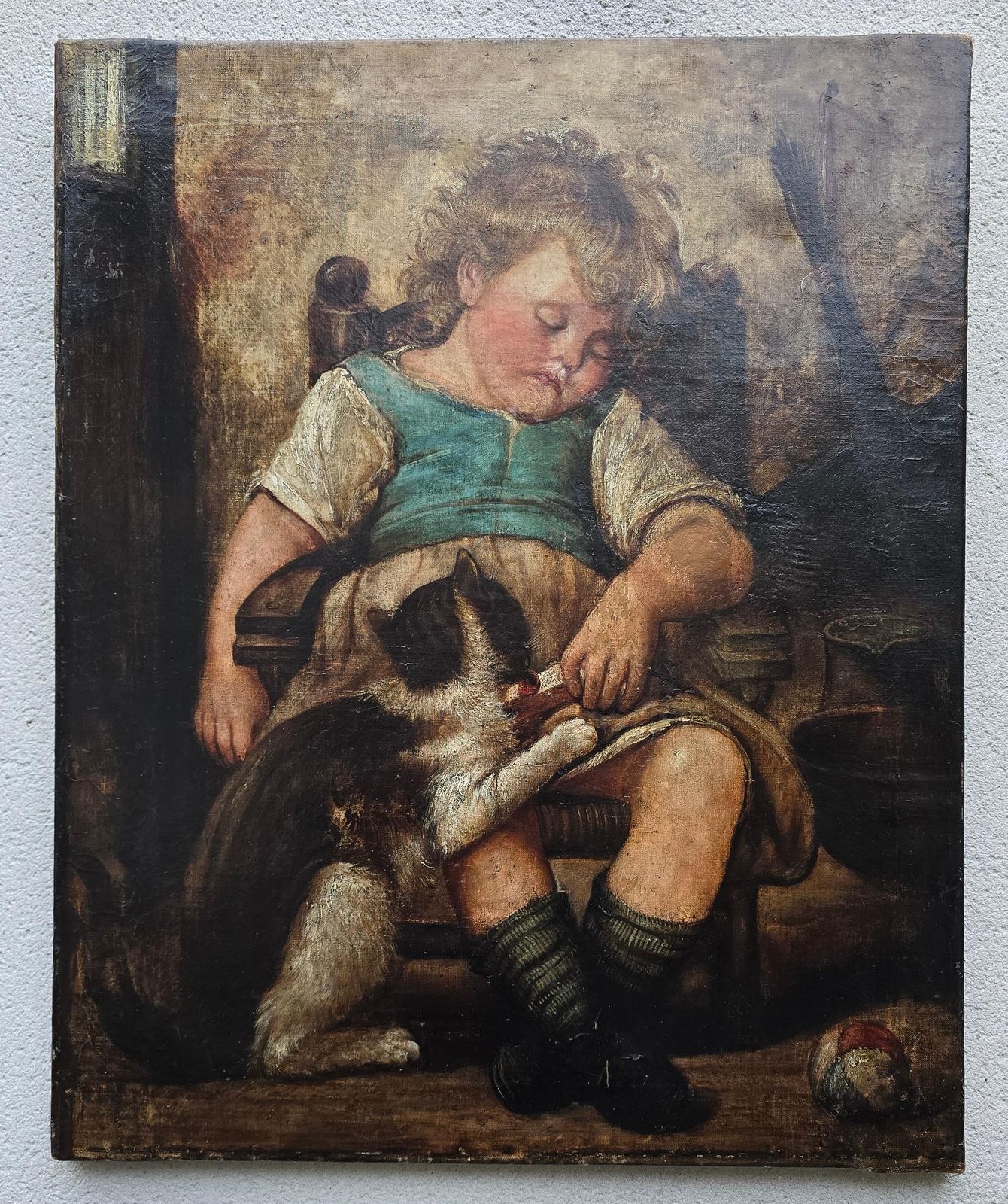 19th Century Oil Painting – Child With Cat photo Art