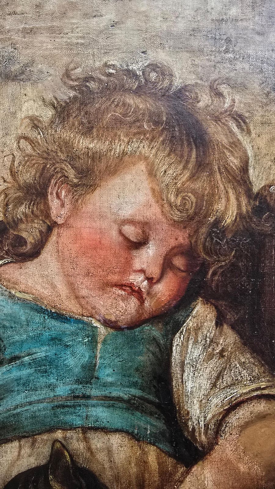 19th Century Oil Painting – Child With Cat photo vintage