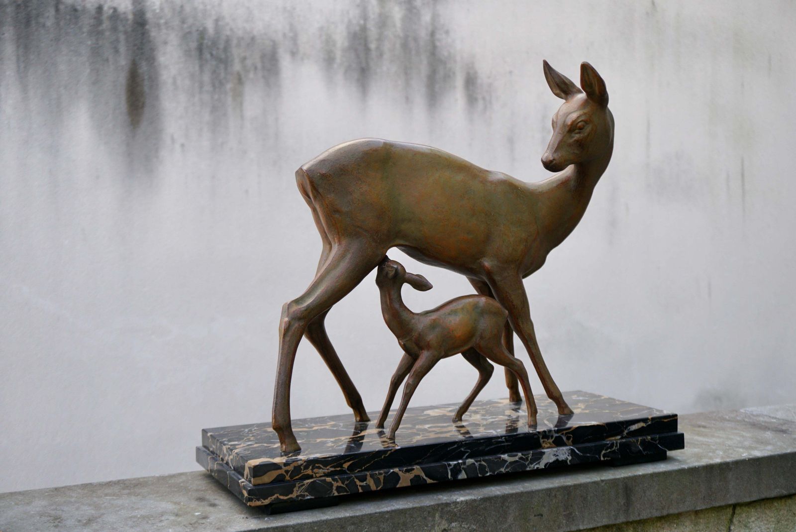 Art Deco Bronze Depicting A Doe And Its Fawn On A Black Marble Base photo furniture