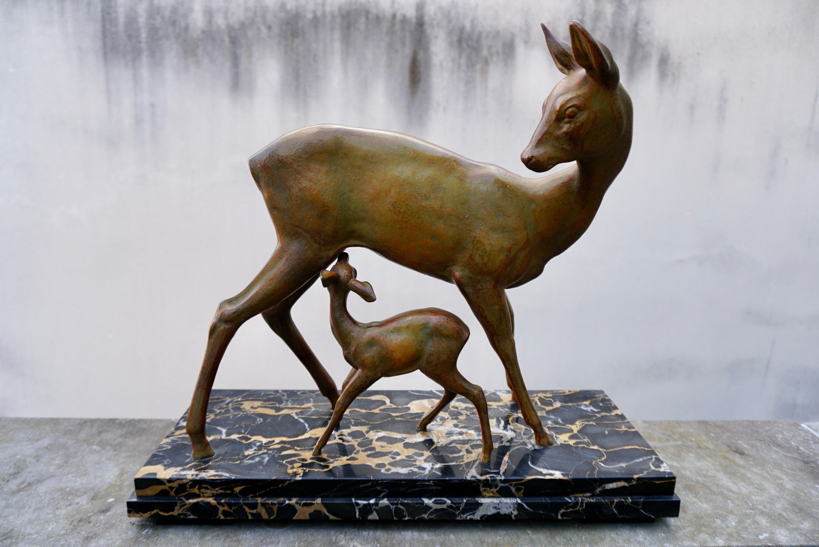 Art Deco Bronze Depicting A Doe And Its Fawn On A Black Marble Base photo buy