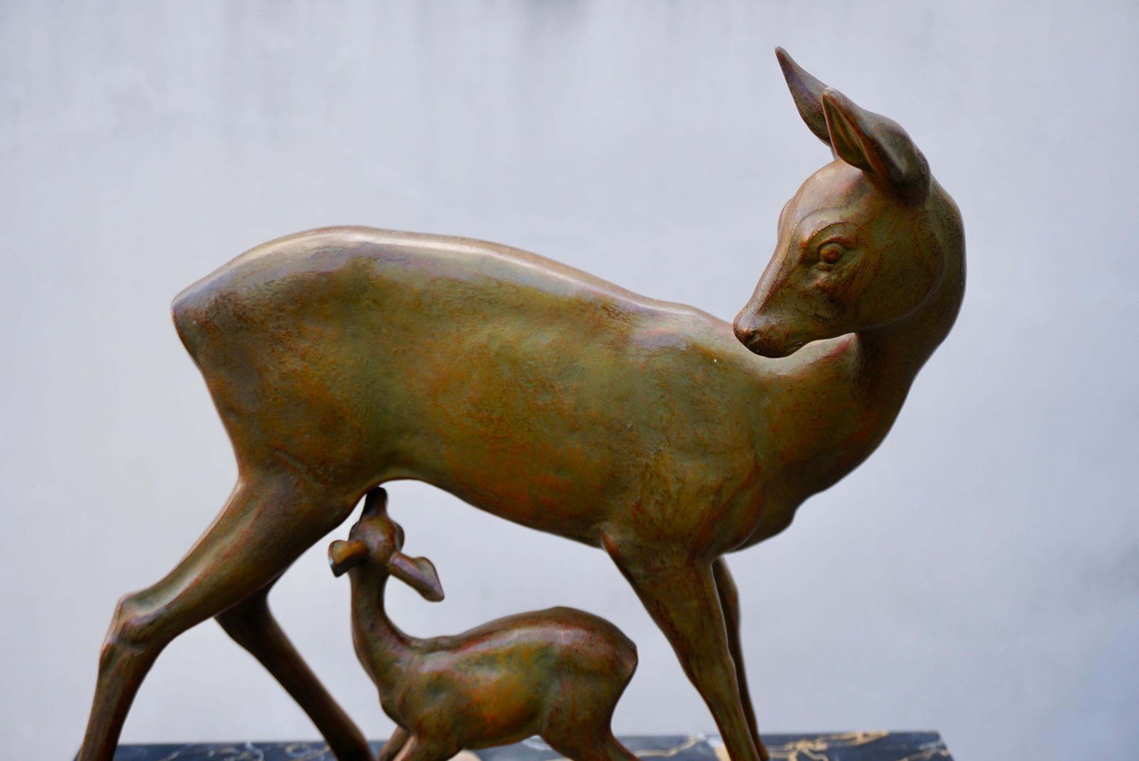 Art Art Deco Bronze Depicting A Doe And Its Fawn On A Black Marble Base photo