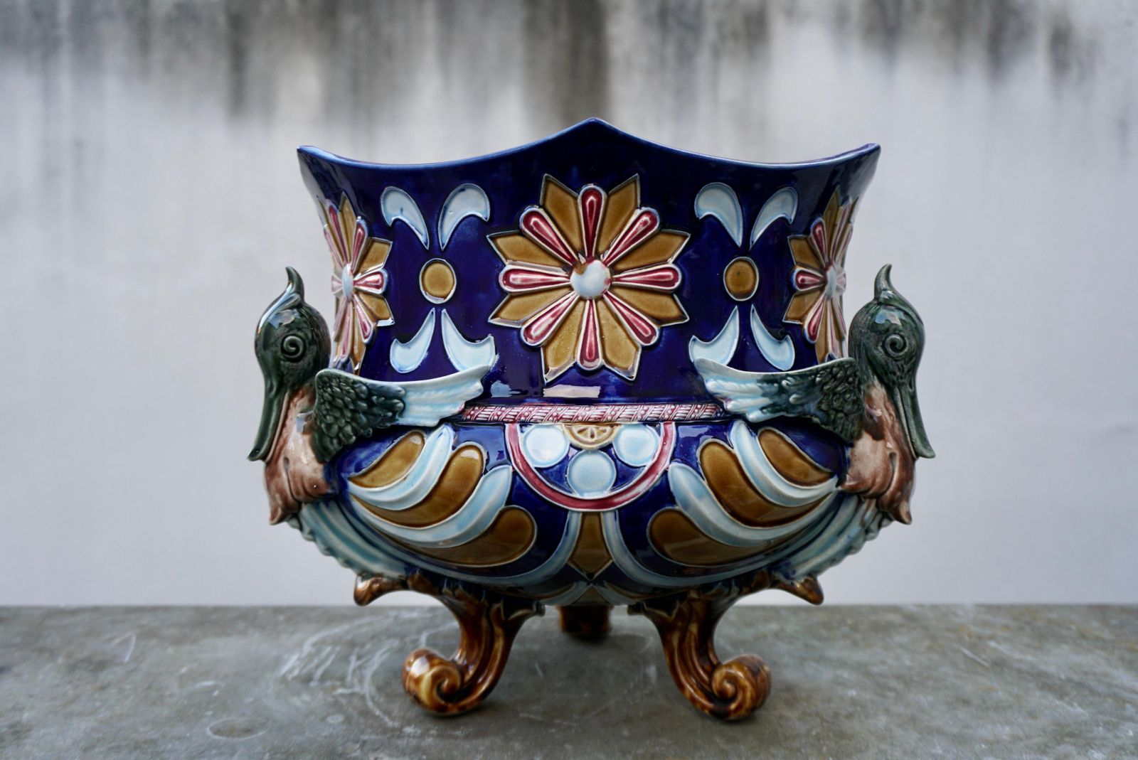 Rare Antique French Majolica Planter Jardiniere With Winged Griffins And Flowers photo furniture