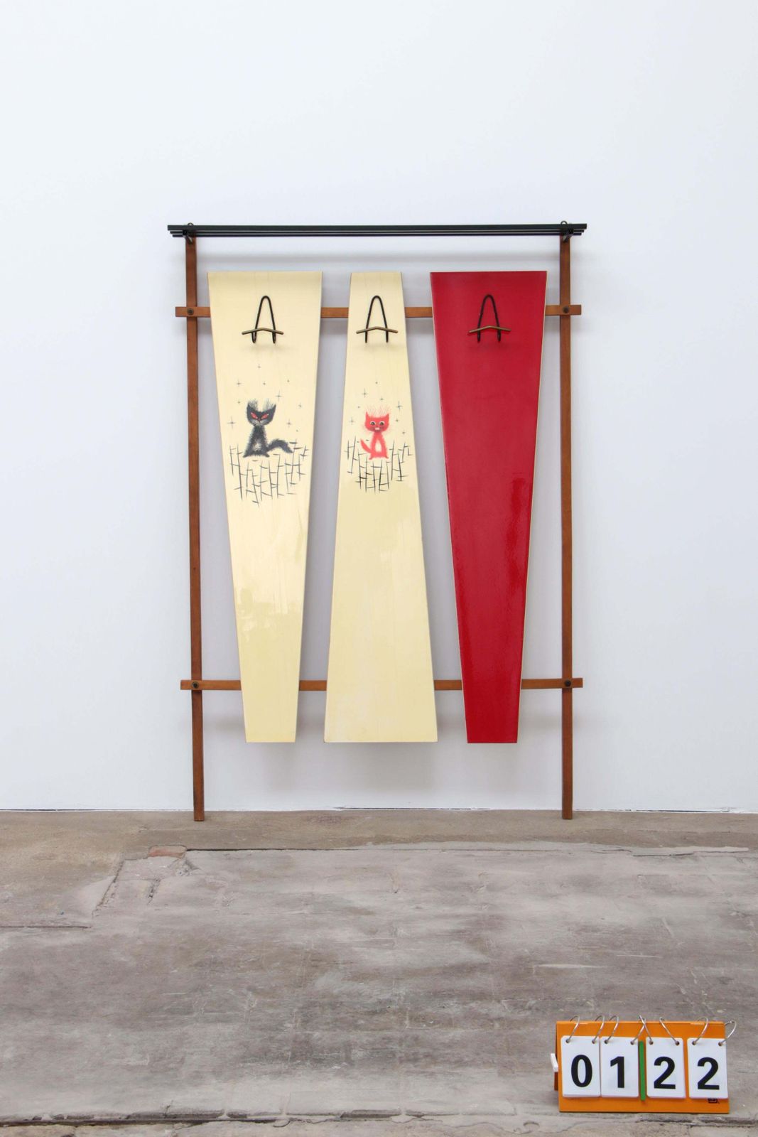 Furniture Italian Wall Coat Rack With Red Cats, Cream And Hat Rack, 1960 photo
